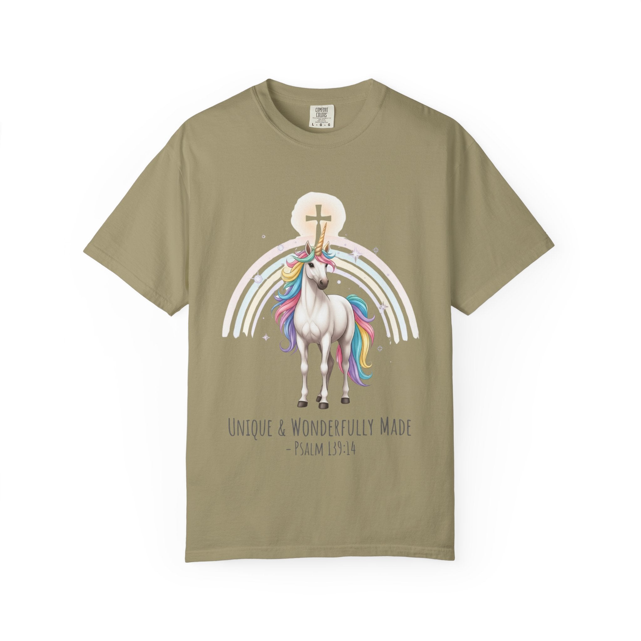 Unique Unicorn Christian T-Shirt – Wonderfully Made with Rainbow Cross & Psalm 139:14 Printify