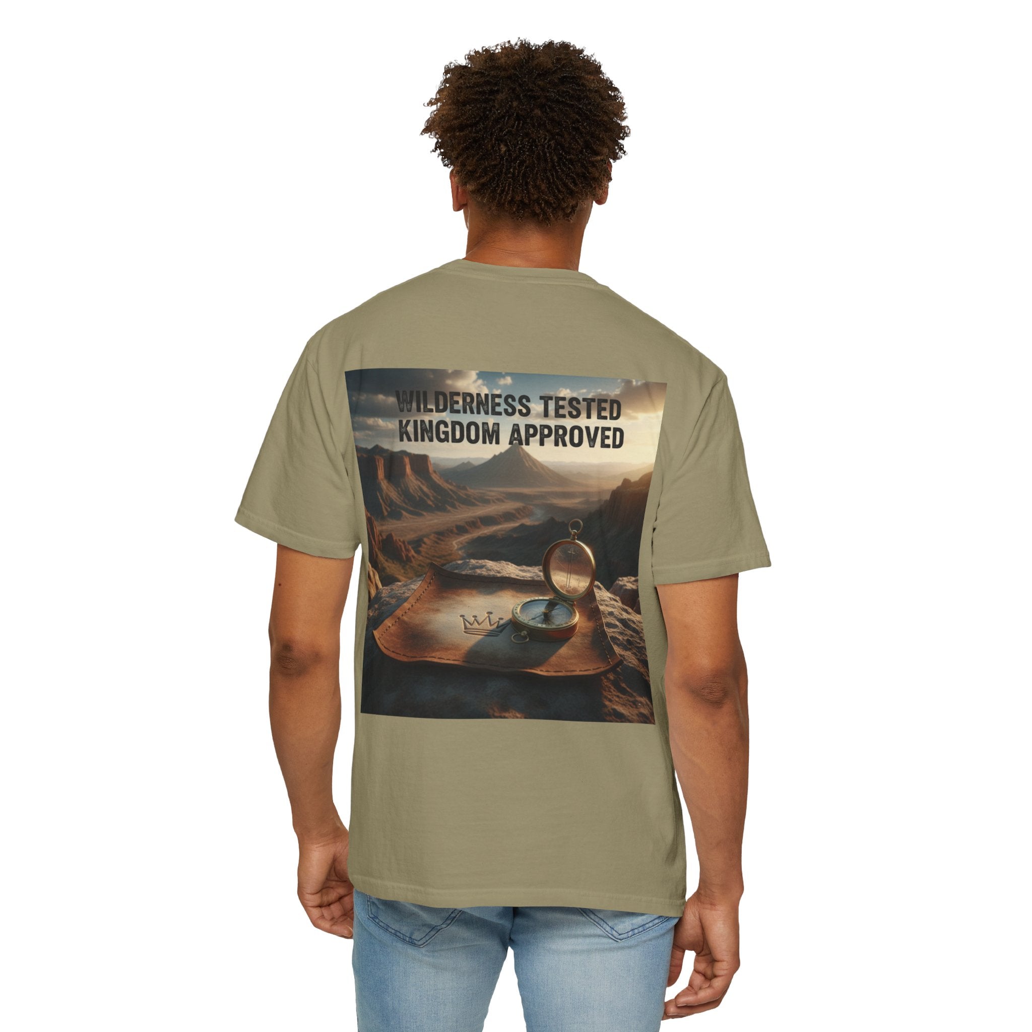Wilderness Tested Kingdom Approved T-shirt – Mountain Desert Compass Crown Christian T-shirt for Biblical Adventure Faith Printify