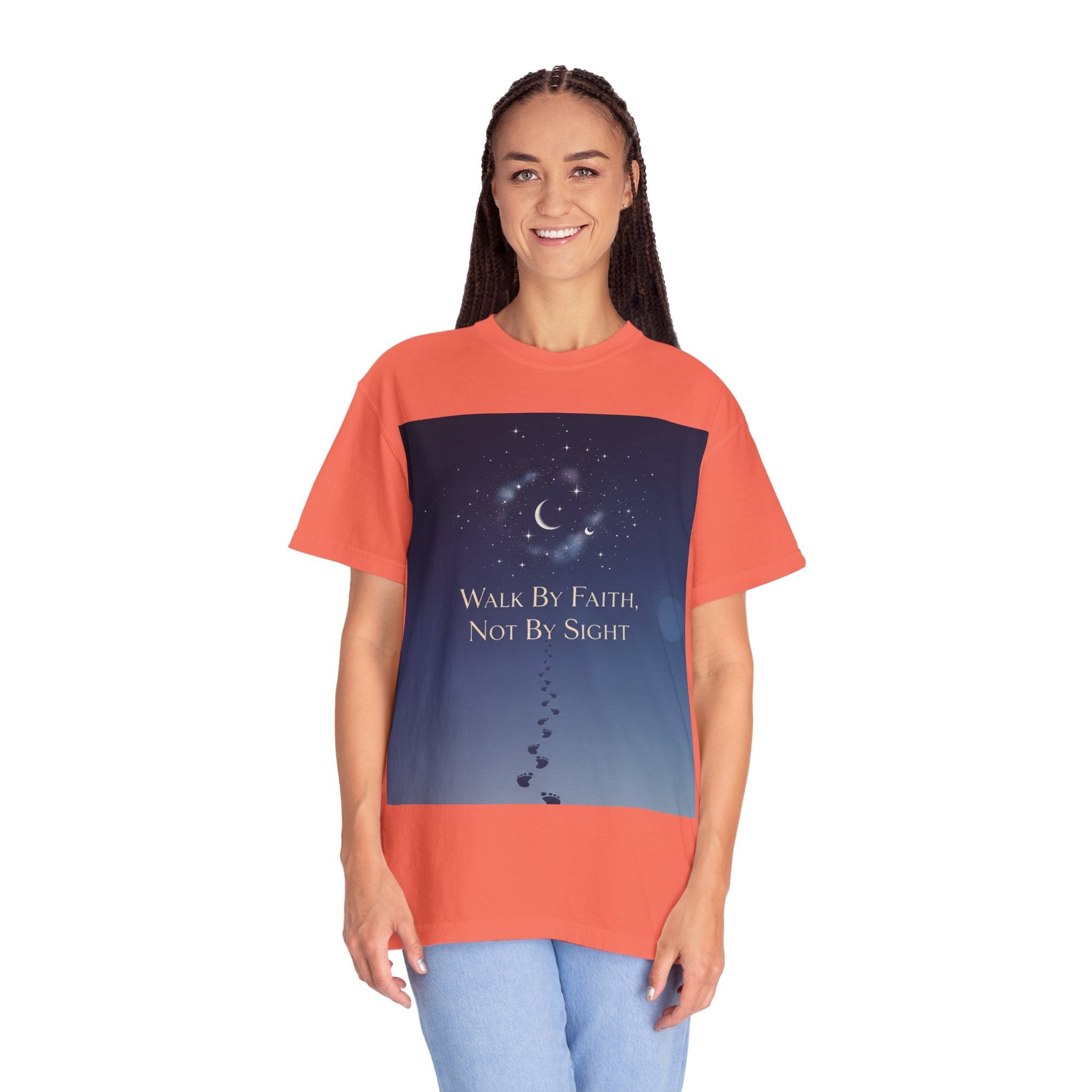 Walk by Faith, Not by Sight T-Shirt – Footprints in the Sand Christian Moonlit Tee Printify