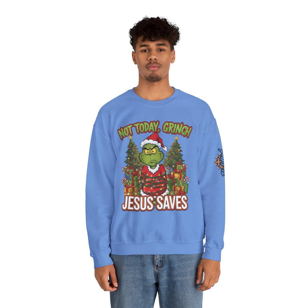 🎄 Not Today, Grinch – Jesus Saves | Funny Christian Christmas Sweatshirt | Sulking Grinch & Glowing Cross | Bold Neon Faith Tee by Uplifted Gear Printify