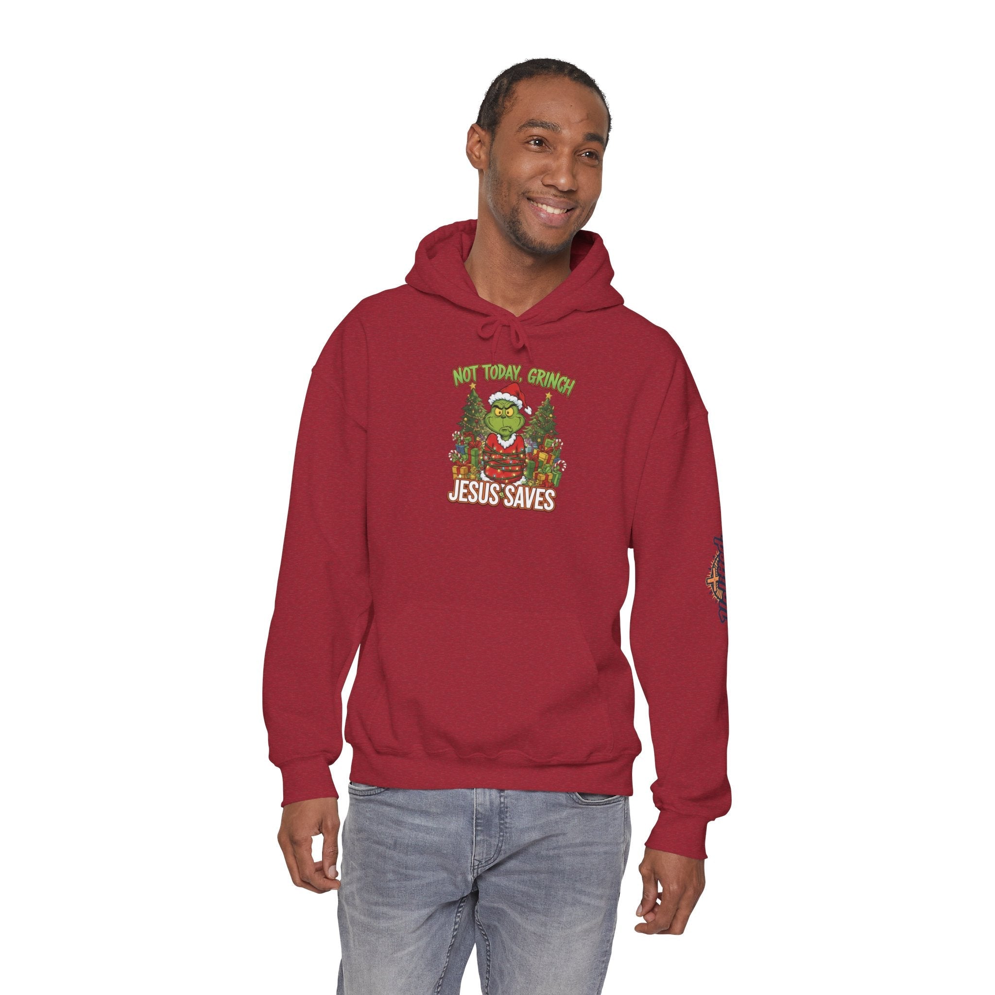🎄 Not Today, Grinch – Jesus Saves | Funny Christian Christmas Hoodie | Sulking Grinch & Glowing Cross | Bold Neon Faith Tee by Uplifted Gear Printify
