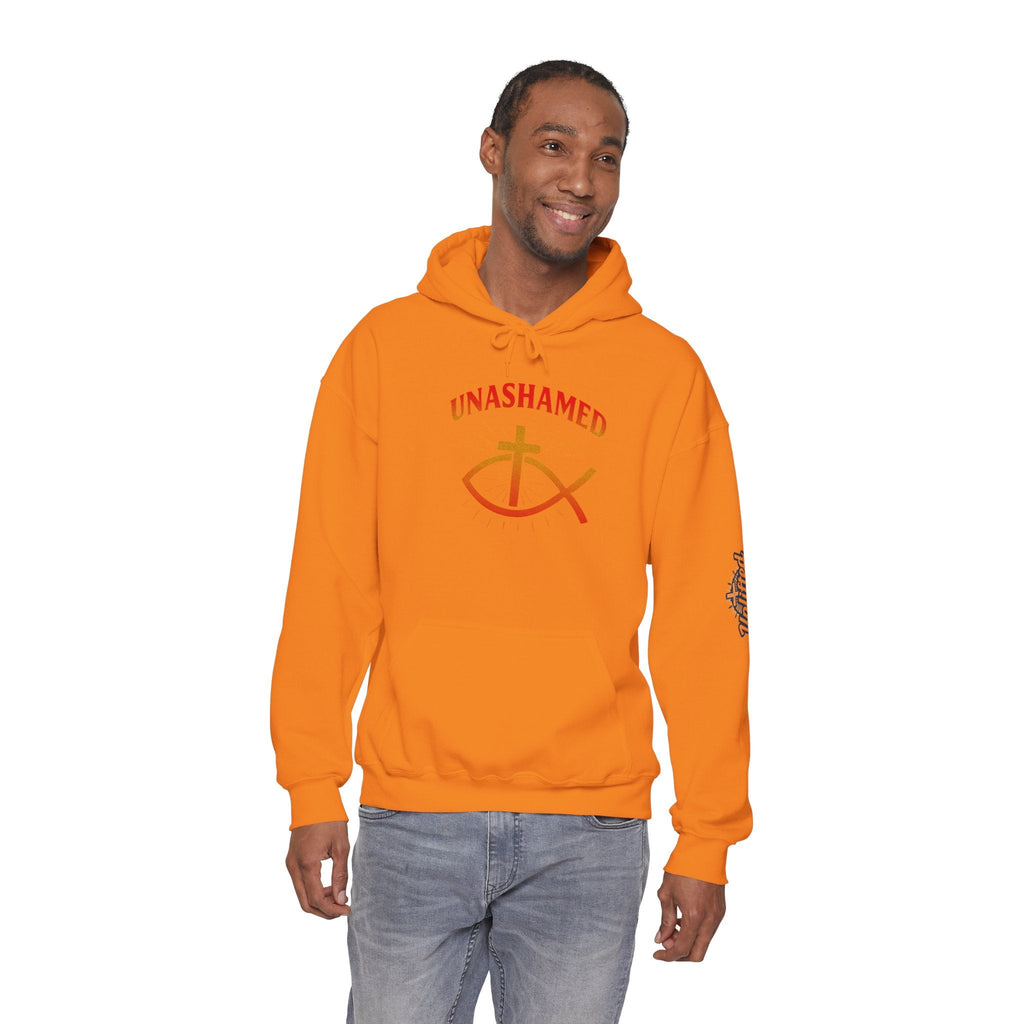 Unashamed Hoodie – Ichthys Jesus Fish & Cross Christian Sweatshirt for Romans 1:16 Bold Faith Printify