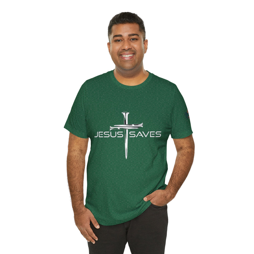 Jesus Saves T-shirt – 3 Nails Crucifix Cross Christian T-shirt for Redemption Faith & Bold Salvation Printify