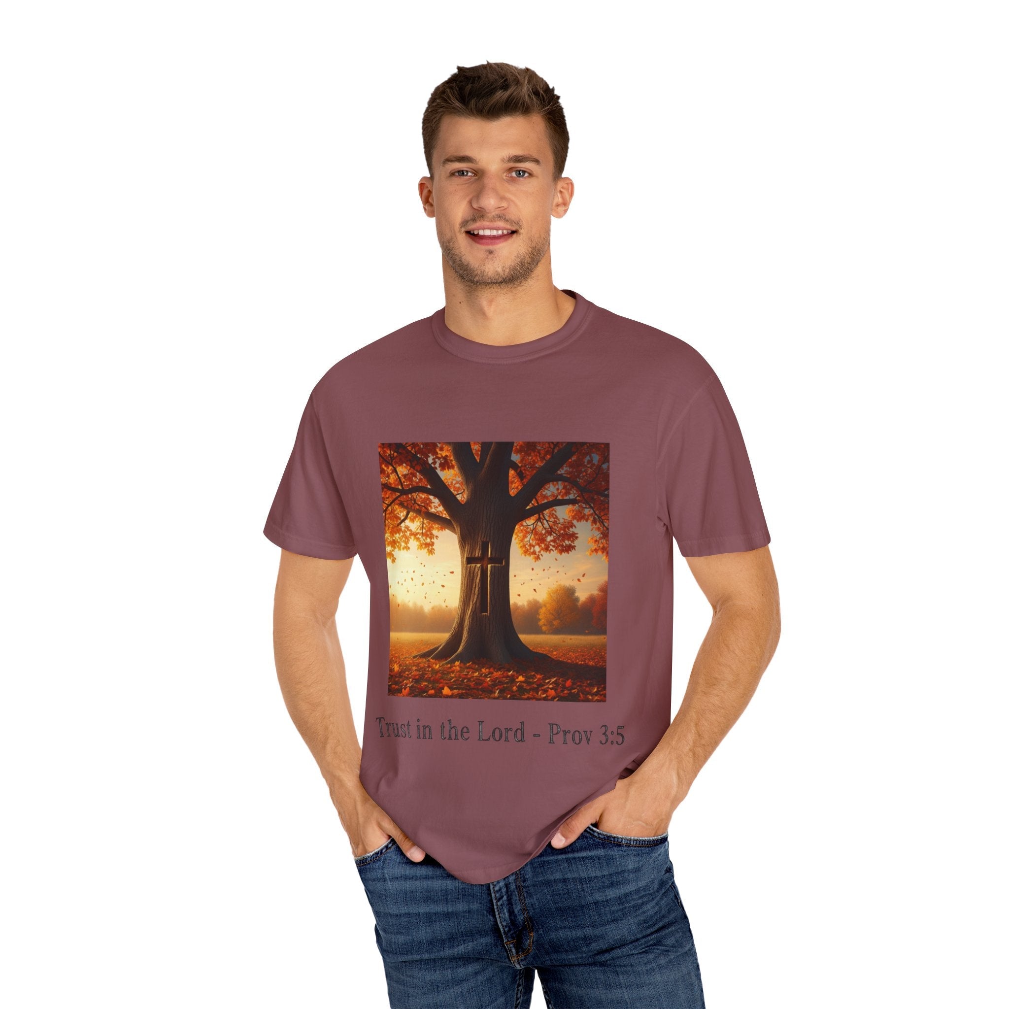 Trust in the Lord T-Shirt – Autumn Tree Christian Tee with Proverbs 3:5 Printify