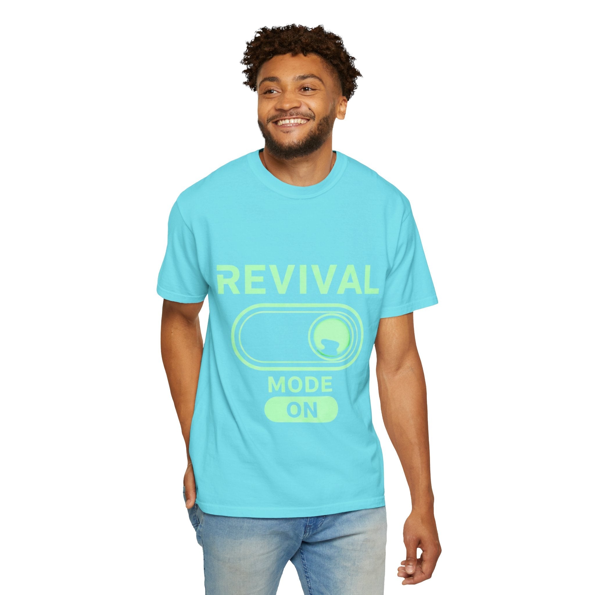 🔥 Revival Mode: ON – Christian Techwear T-Shirt | Glowing Green Faith Switch | Futuristic Jesus Shirt | Activate Your Spiritual Awakening | Uplifted Gear Printify