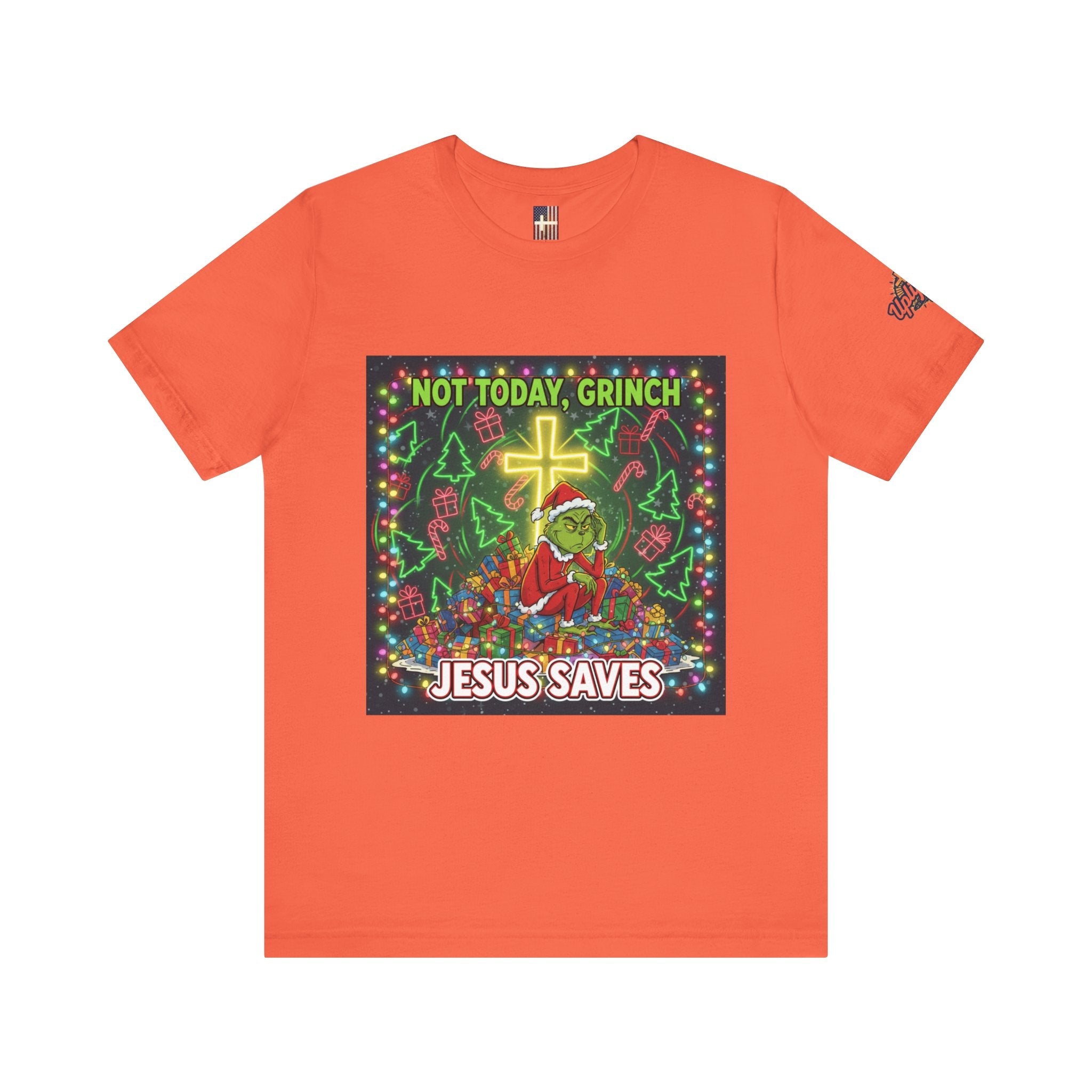 🎄 Not Today, Grinch – Jesus Saves | Funny Christian Christmas T-Shirt | Festive Green & Red Cartoon Style | Bold Faith Holiday Tee by Uplifted Gear Printify