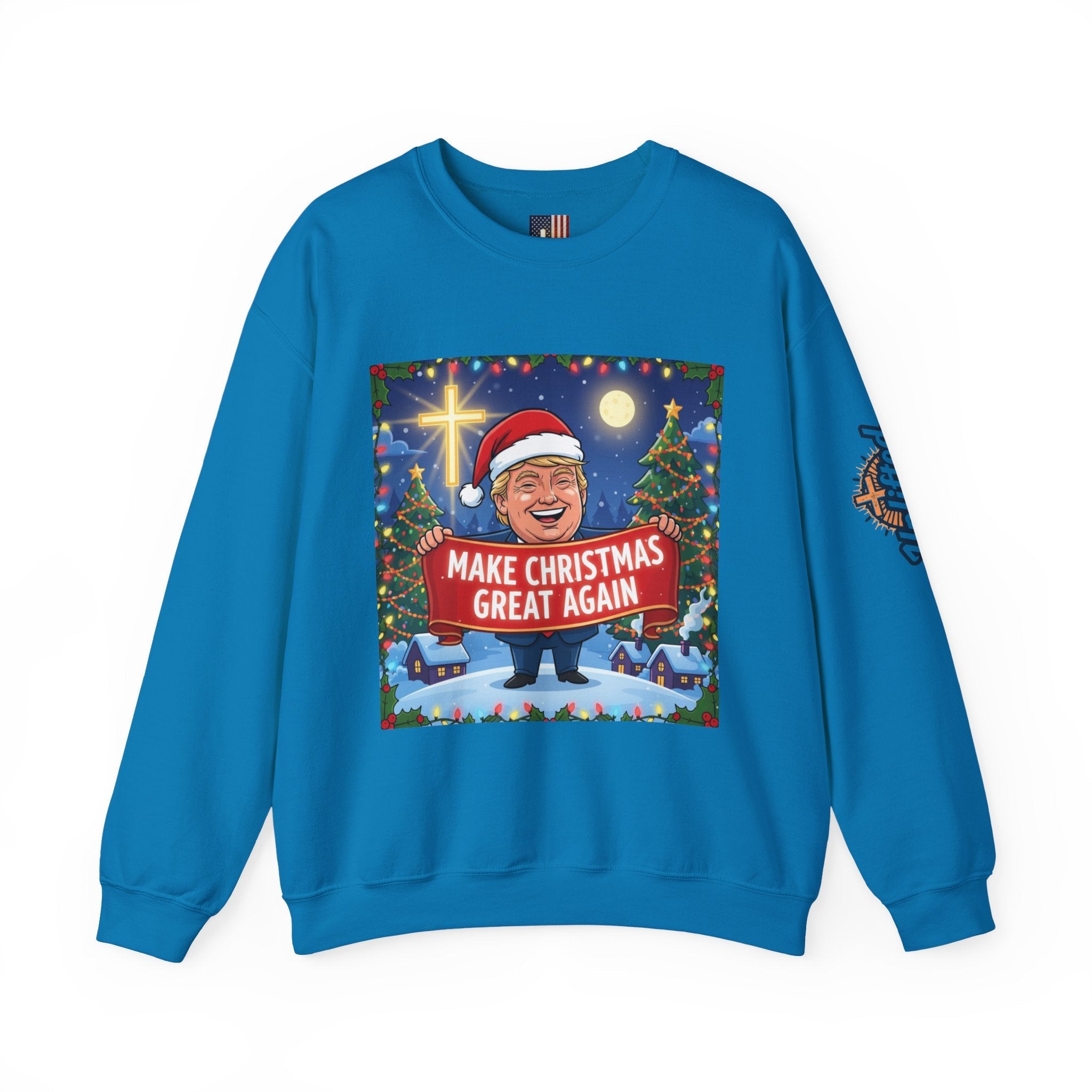 🎄 Make Christmas Great Again – Patriotic Christian Christmas Sweatshirt | Bold Holiday Faith Tee | Red & White Banner Design | Uplifted Gear Printify