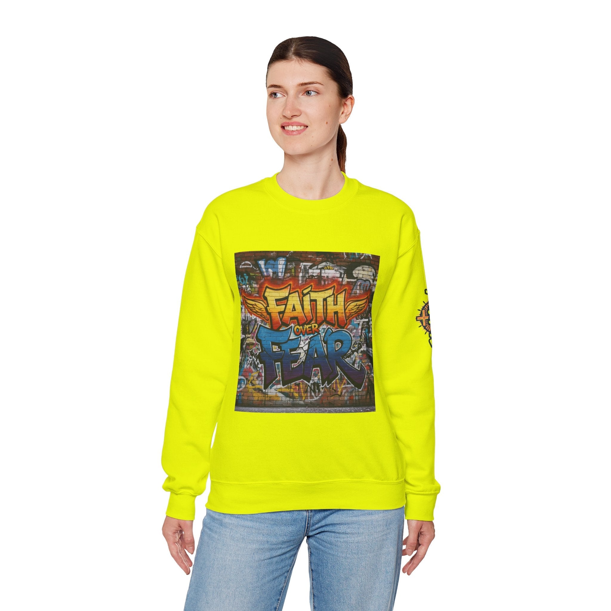 Faith Over Fear Sweatshirt – Graffiti Wall Christian Sweatshirt for Bold 2 Corinthians 5:7 Streetwear & Unshakable Faith Printify