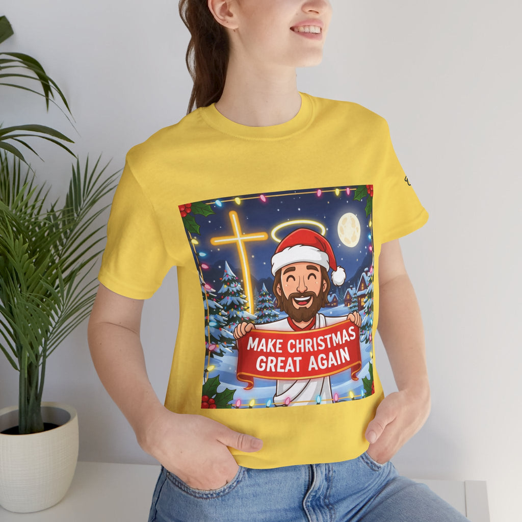 🎄 Make Christmas Great Again – Funny Christian T-Shirt | Jesus Holding Banner | Faith-Based Holiday Parody Tee | Uplifted Gear Printify