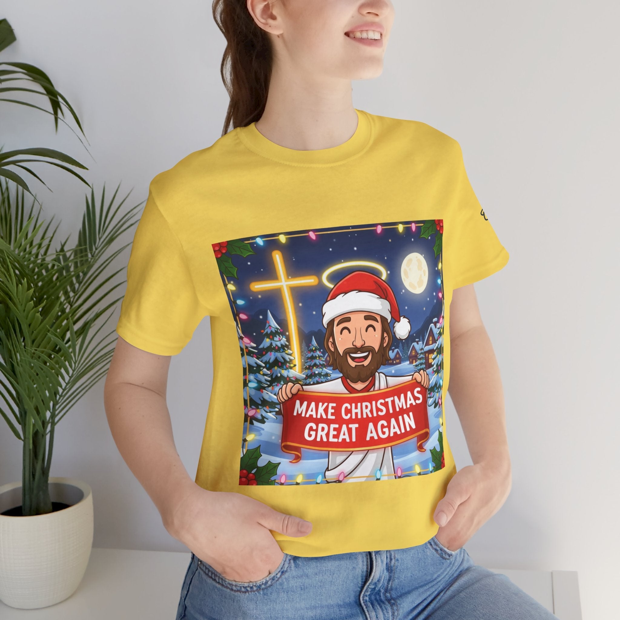 🎄 Make Christmas Great Again – Funny Christian T-Shirt | Jesus Holding Banner | Faith-Based Holiday Parody Tee | Uplifted Gear Printify