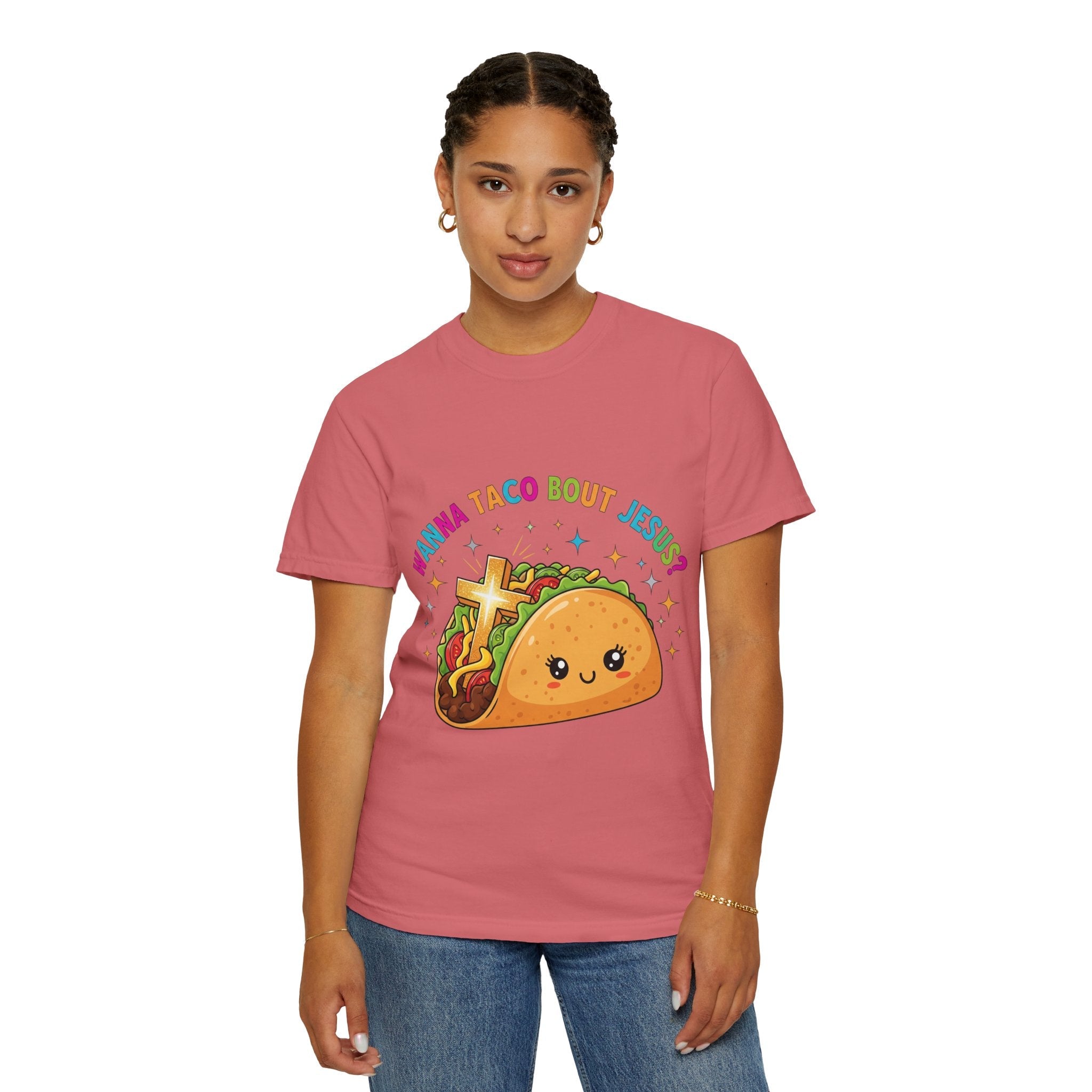 Wanna Taco 'Bout Jesus? Funny Christian Pun T-Shirt – Lettuce Pray & Share Faith! Printify