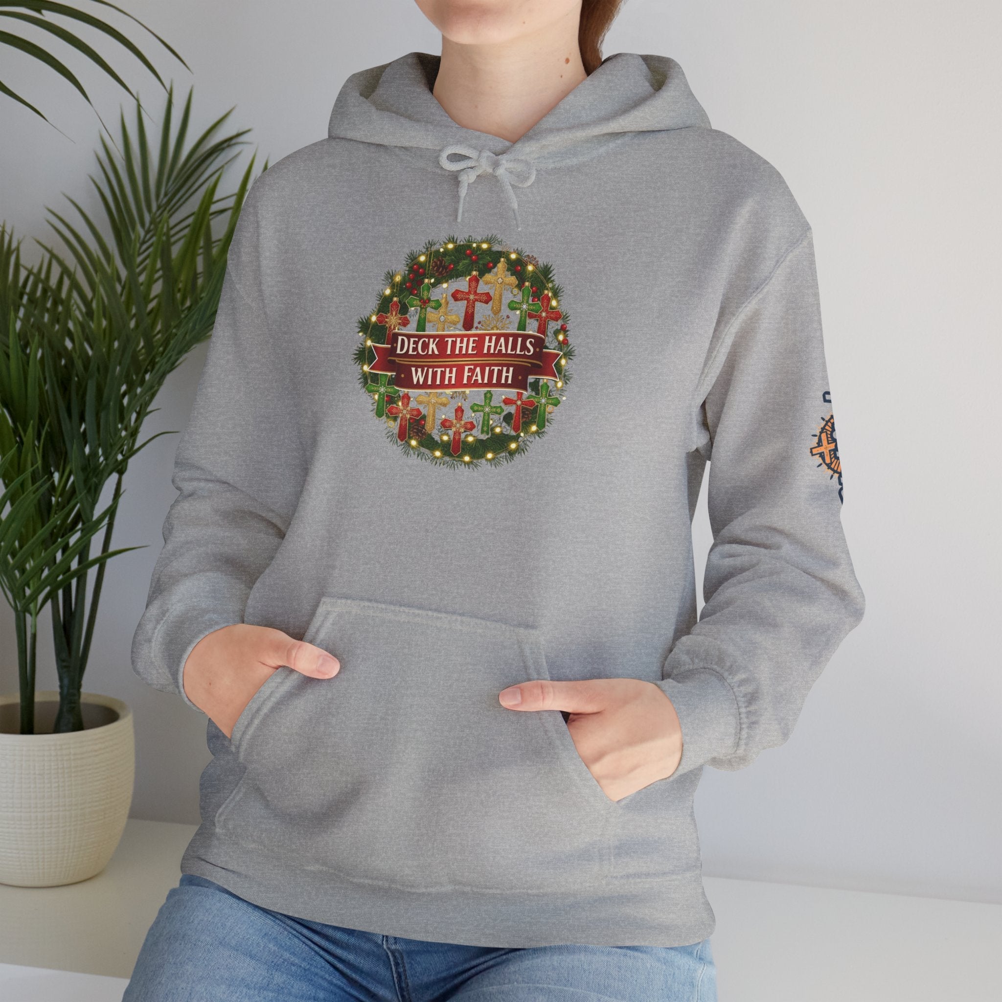 🎄 Deck the Halls with Faith – Christian Christmas Hoodie | Cross Ornament Design & Festive Garland | Bold Holiday Faith Tee by Uplifted Gear Printify