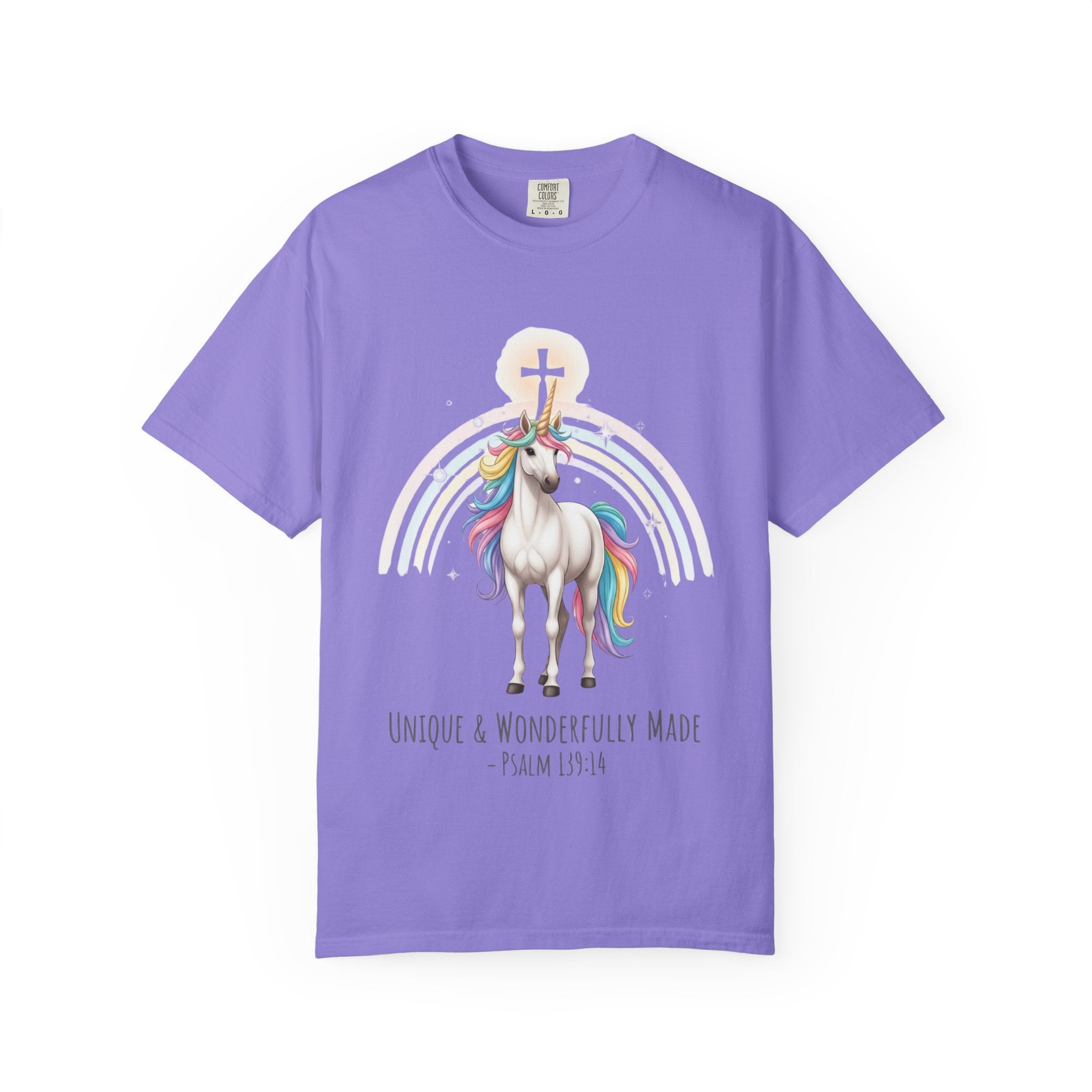 Unique Unicorn Christian T-Shirt – Wonderfully Made with Rainbow Cross & Psalm 139:14 Printify
