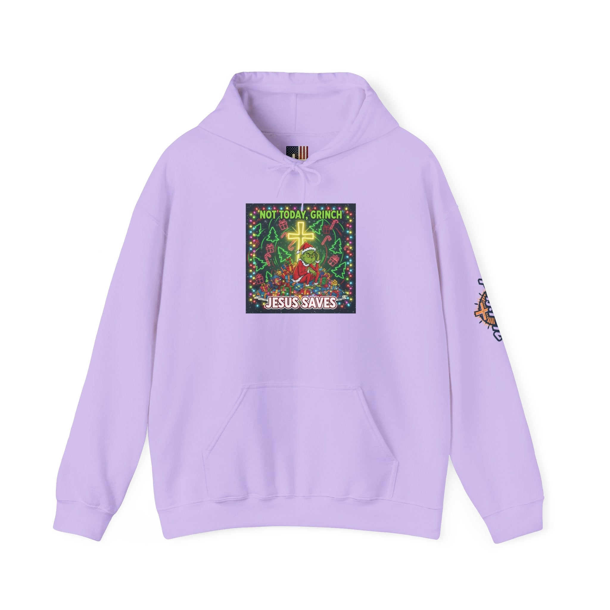 🎄 Not Today, Grinch – Jesus Saves | Funny Christian Christmas Hoodie | Festive Green & Red Cartoon Style | Bold Faith Holiday Tee by Uplifted Gear Printify