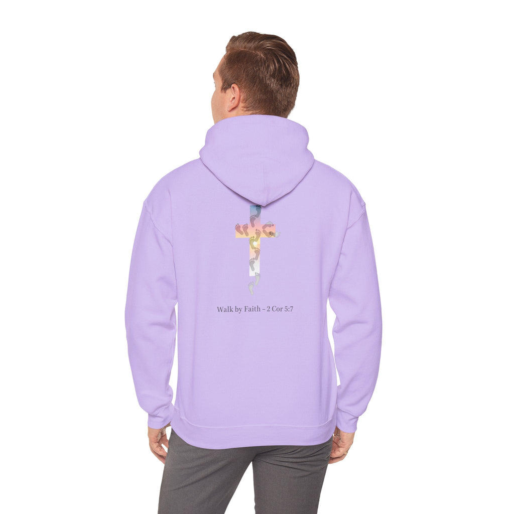 Walk by Faith Hoodie – Cross & Footprints Christian Hoodie for Cozy Inspiration Printify