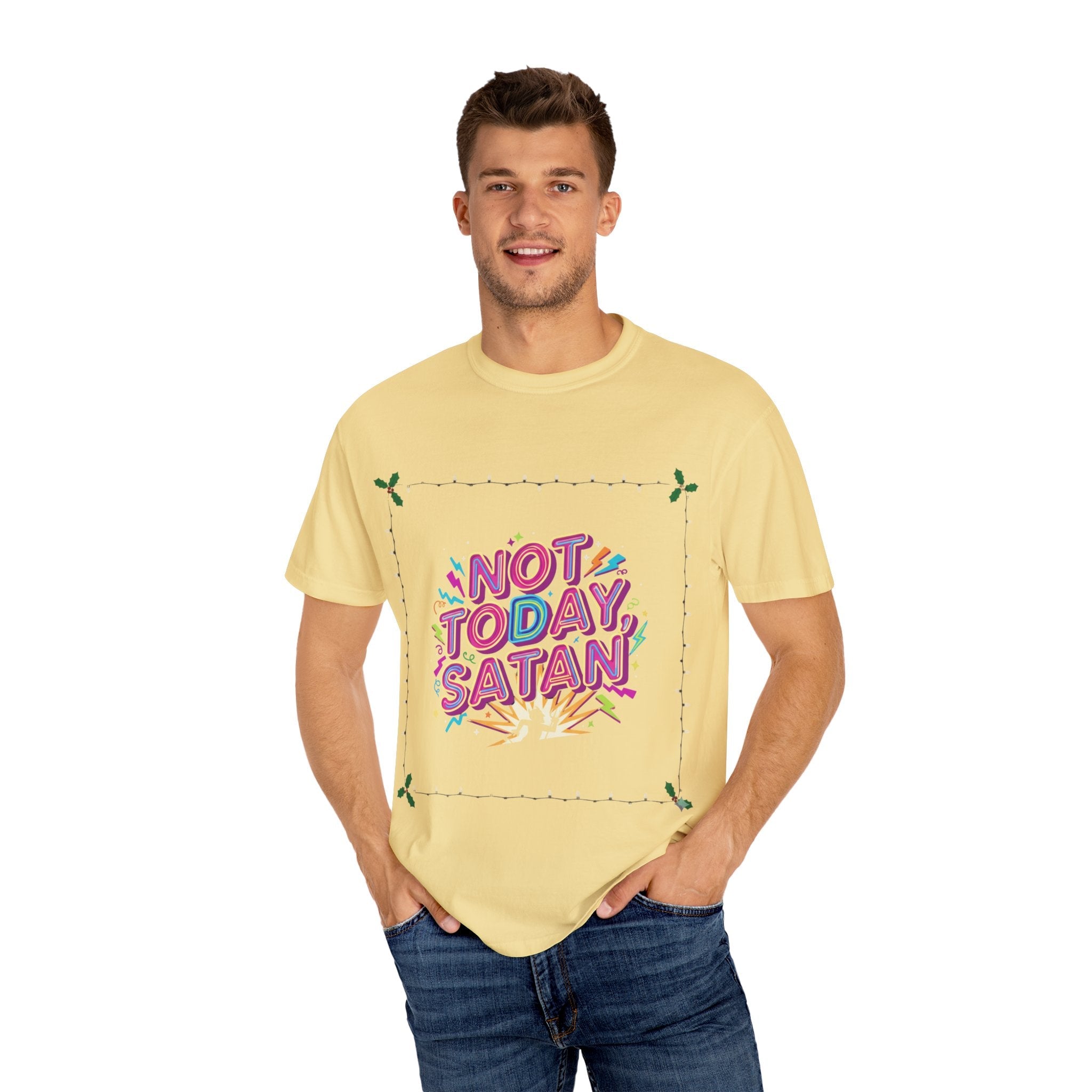 🔥 Not Today, Satan – Retro 90s Christian T-Shirt | Neon Faith Tee | Funky Cartoon Devil | Bold Bible Verse Shirt | Uplifted Gear Printify