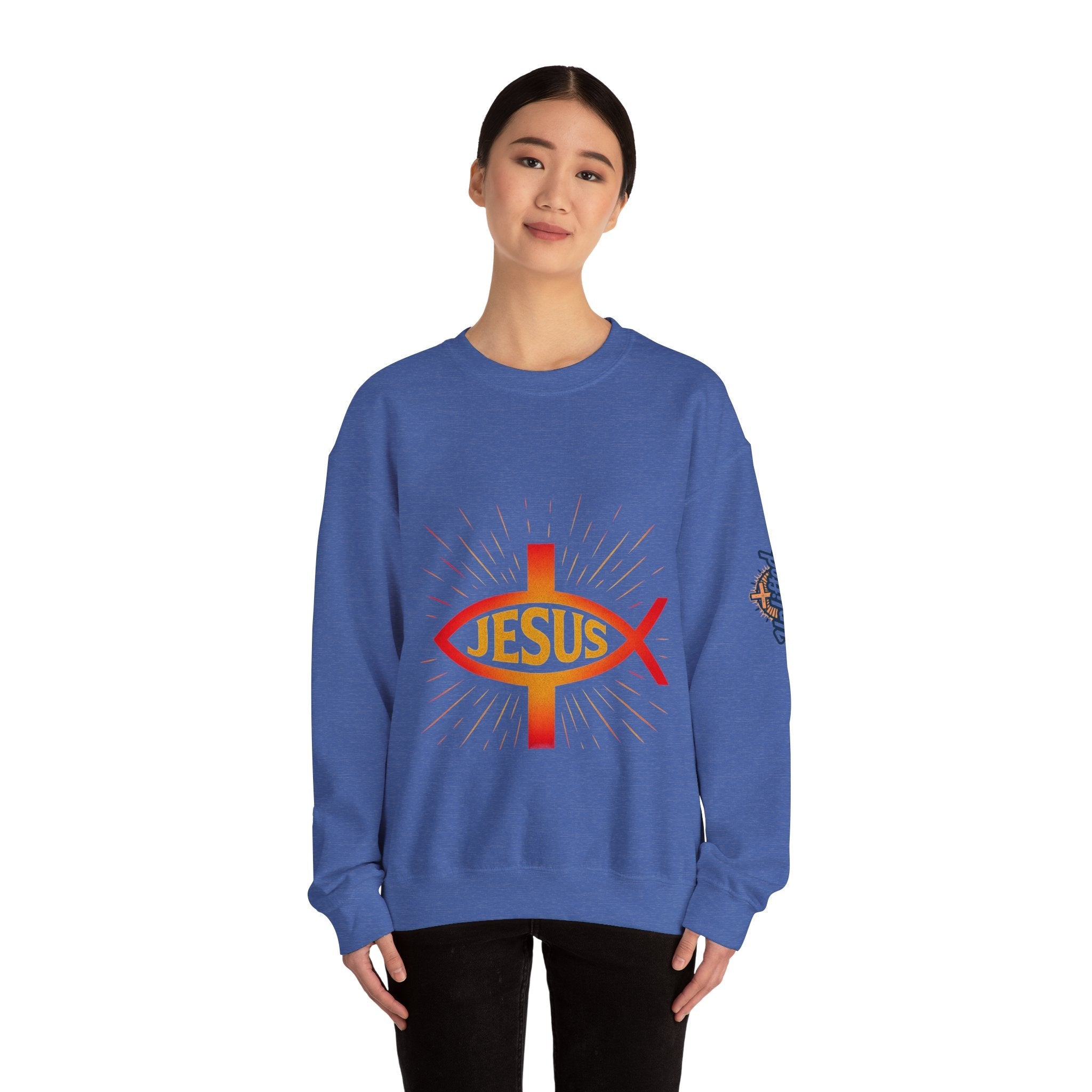 Jesus Ichthys Sweatshirt – Christian Fish Symbol with Cross & Jesus Inscription Sweatshirt for Eternal Faith & Streetwear Printify