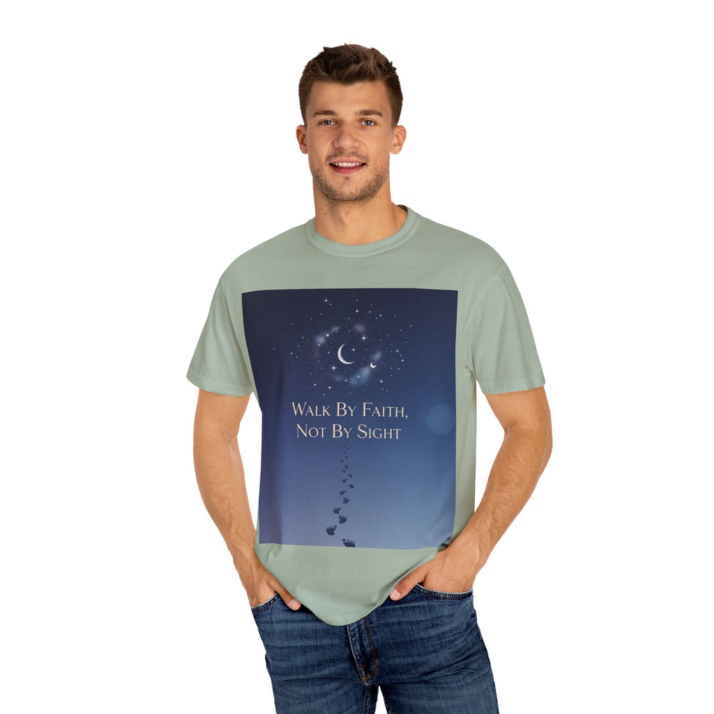 Walk by Faith, Not by Sight T-Shirt – Footprints in the Sand Christian Moonlit Tee Printify