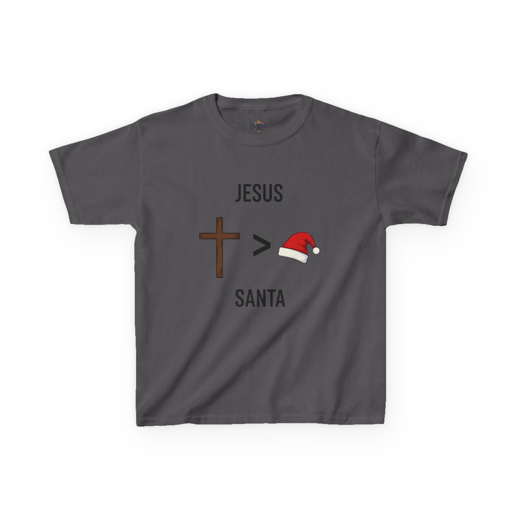 🎄 Jesus > Santa – Minimalist Christian Christmas Kids T-Shirt | Bold Faith Over Holiday Tee | Cross vs Santa Hat Design | Uplifted Gear Printify