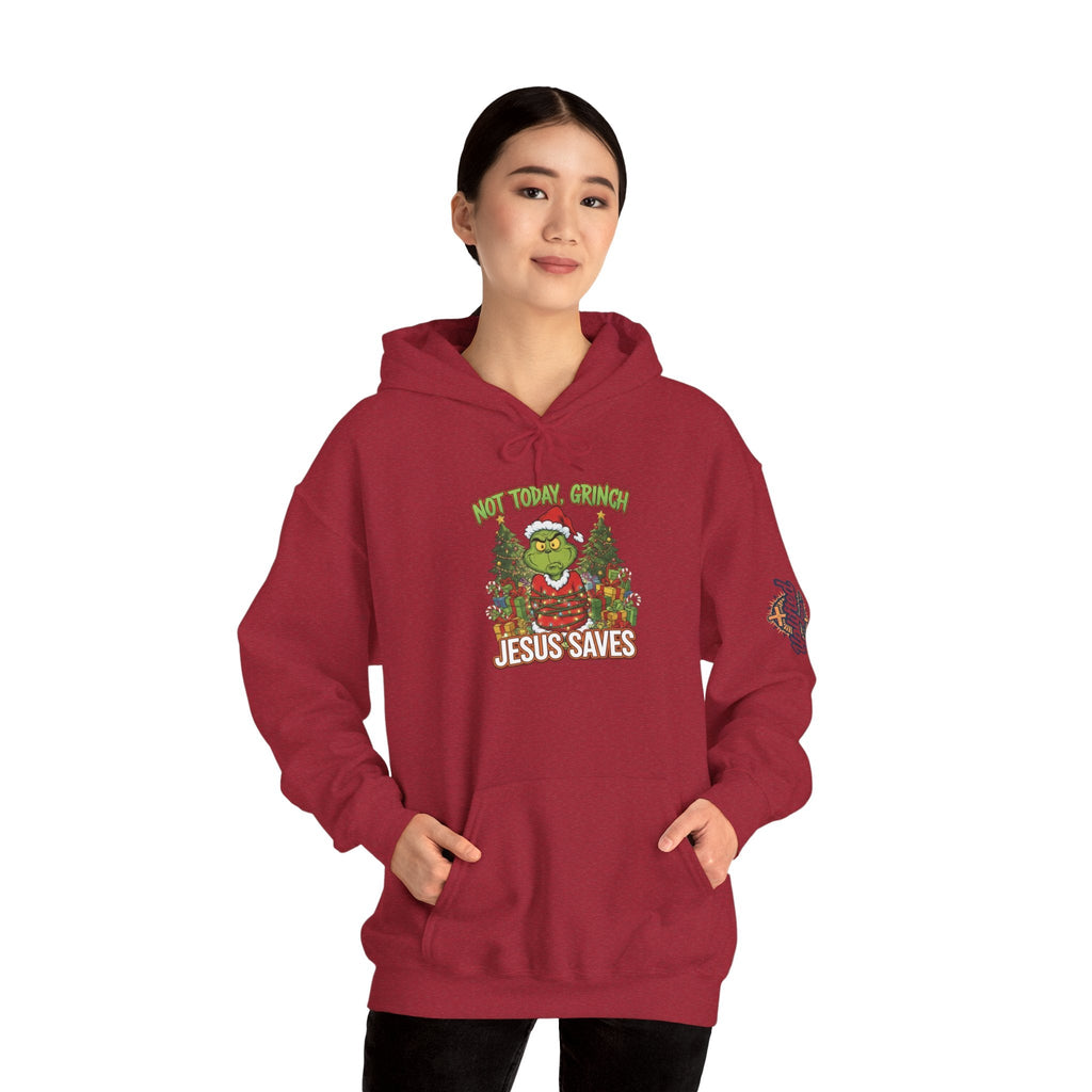 🎄 Not Today, Grinch – Jesus Saves | Funny Christian Christmas Hoodie | Sulking Grinch & Glowing Cross | Bold Neon Faith Tee by Uplifted Gear Printify