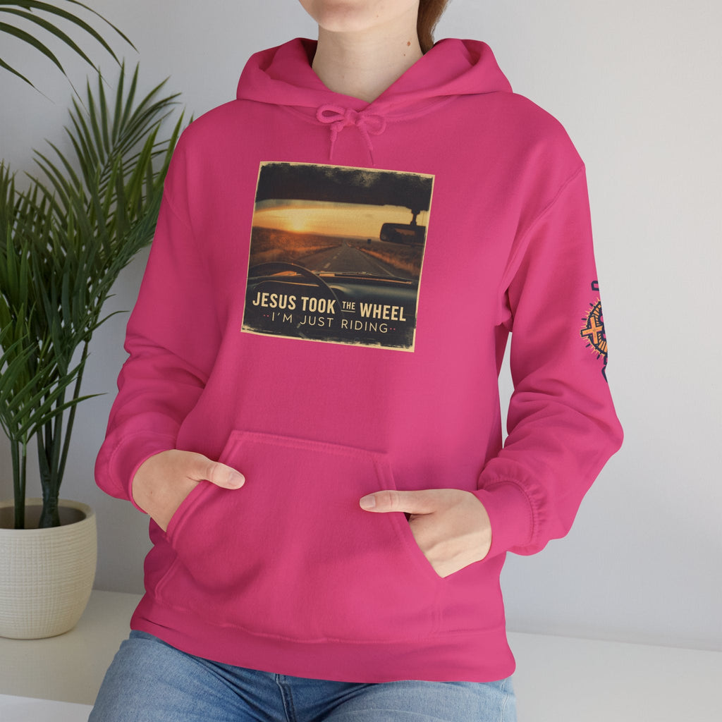 Jesus Took the Wheel I'm Just Riding Hoodie – Funny Christian Convertible Car Sweatshirt for Surrendered Faith & Humor Printify