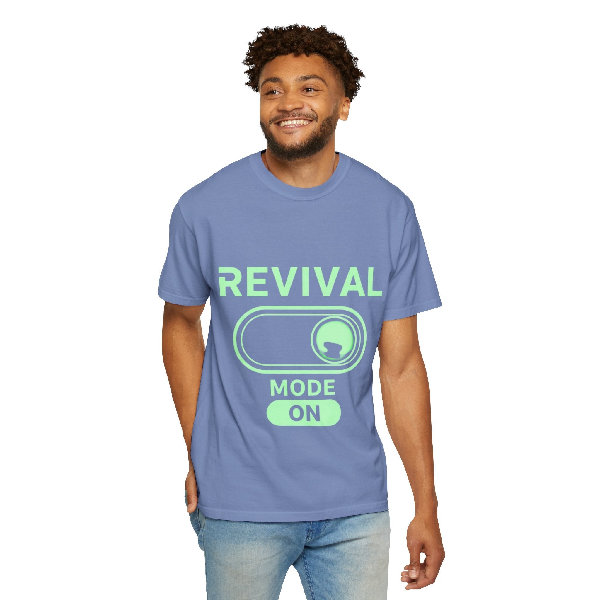 🔥 Revival Mode: ON – Christian Techwear T-Shirt | Glowing Green Faith Switch | Futuristic Jesus Shirt | Activate Your Spiritual Awakening | Uplifted Gear Printify