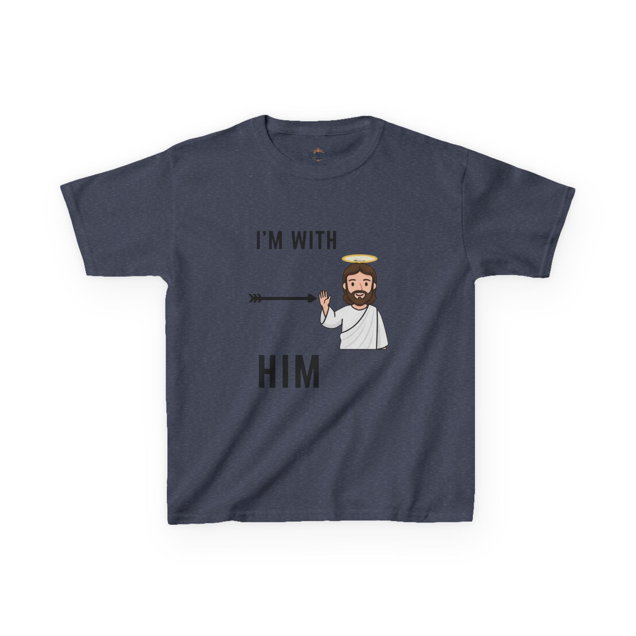 🔥 I’m With Him → Christian Kids T-Shirt | Arrow Pointing to Jesus | Minimalist Faith Tee | Subtle Cross Design | Bible-Inspired Apparel by Uplifted Gear Printify