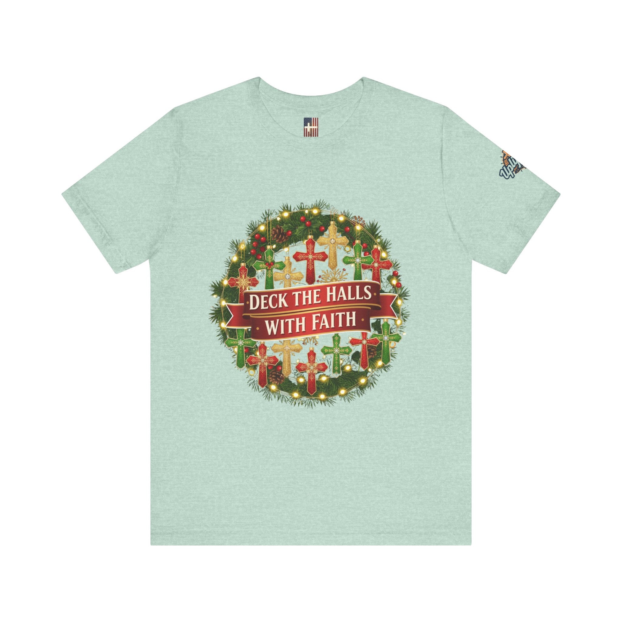 🎄 Deck the Halls with Faith – Christian Christmas T-Shirt | Cross Ornament Design & Festive Garland | Bold Holiday Faith Tee by Uplifted Gear Printify