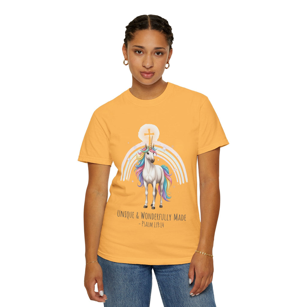 Unique Unicorn Christian T-Shirt – Wonderfully Made with Rainbow Cross & Psalm 139:14 Printify