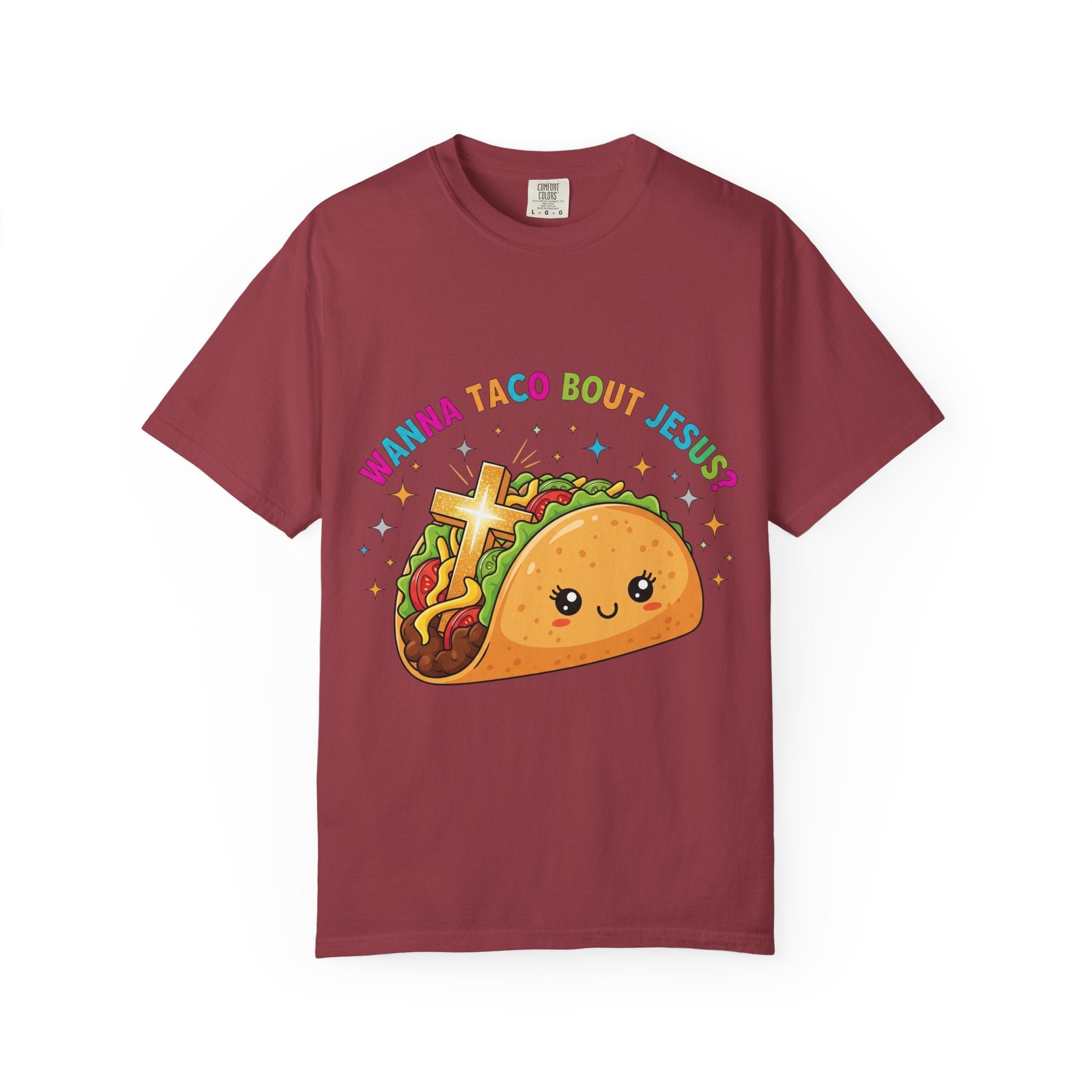 Wanna Taco 'Bout Jesus? Funny Christian Pun T-Shirt – Lettuce Pray & Share Faith! Printify