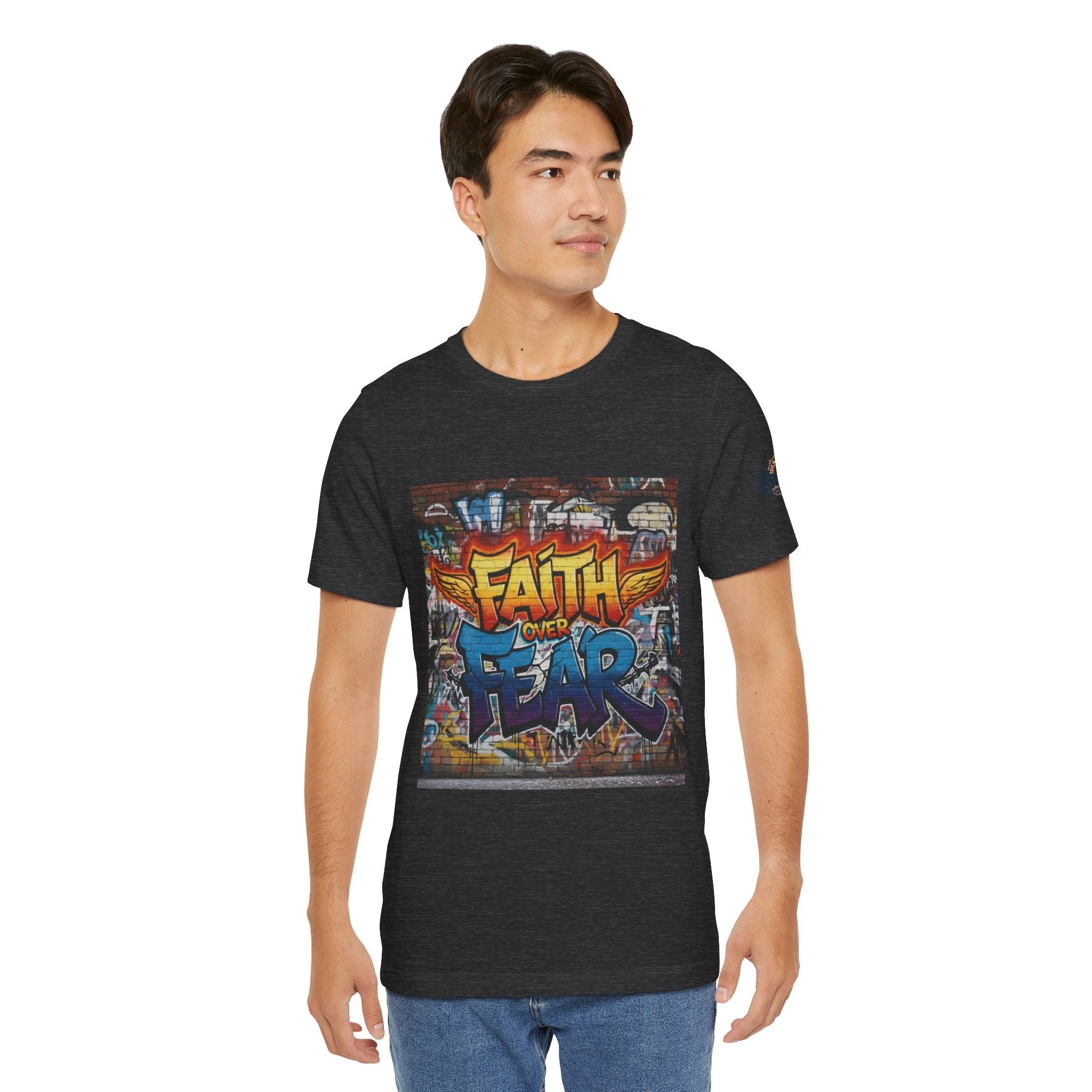 Faith Over Fear T-shirt – Graffiti Wall Christian T-shirt for Bold 2 Corinthians 5:7 Streetwear & Unshakable Faith Printify