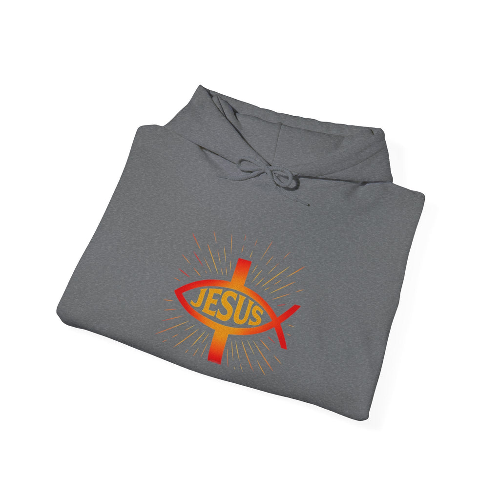 Jesus Ichthys Hoodie – Christian Fish Symbol with Cross & Jesus Inscription Sweatshirt for Eternal Faith & Streetwear Printify