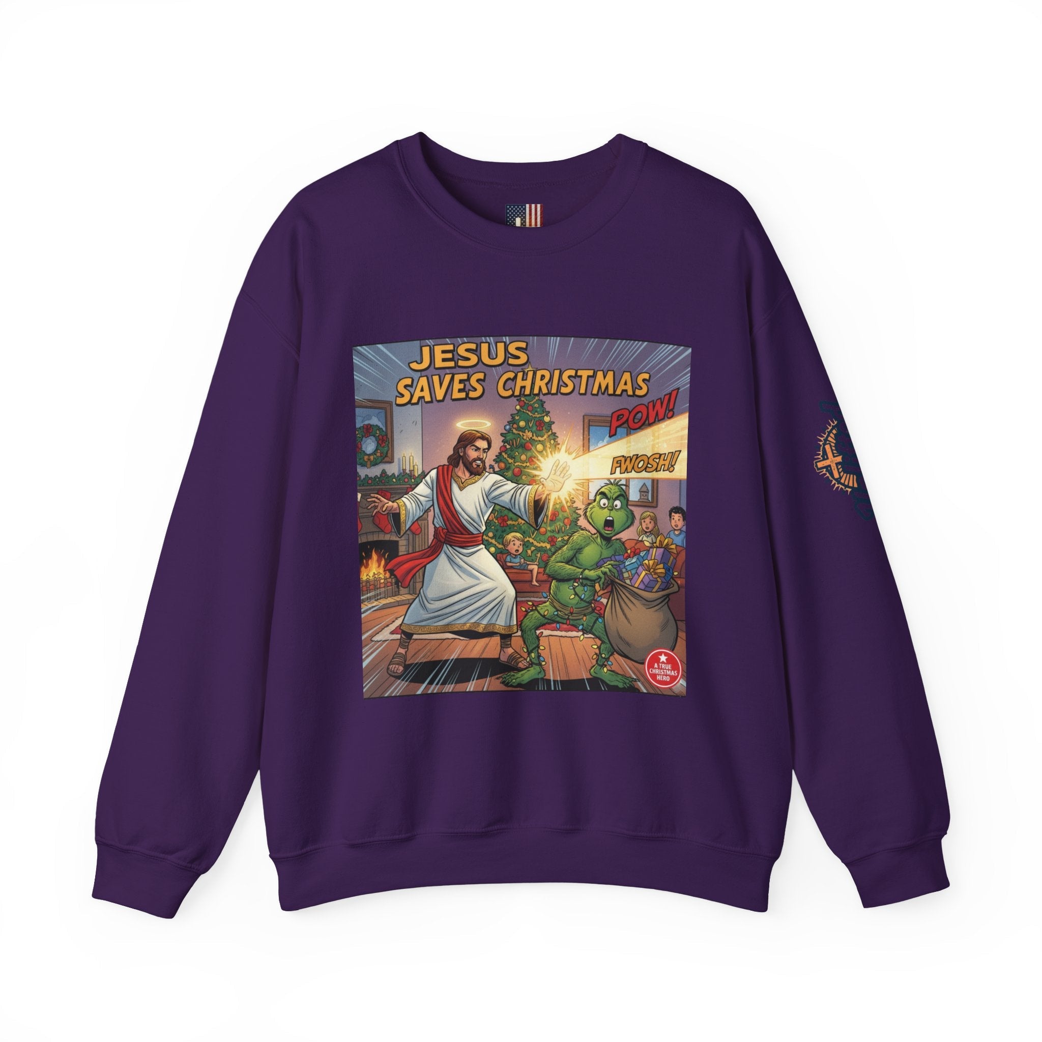 Jesus Saves Christmas Sweatshirt – Grinch vs Savior Light Battle Christian Sweatshirt for Hilarious Holiday Faith & True Joy Printify