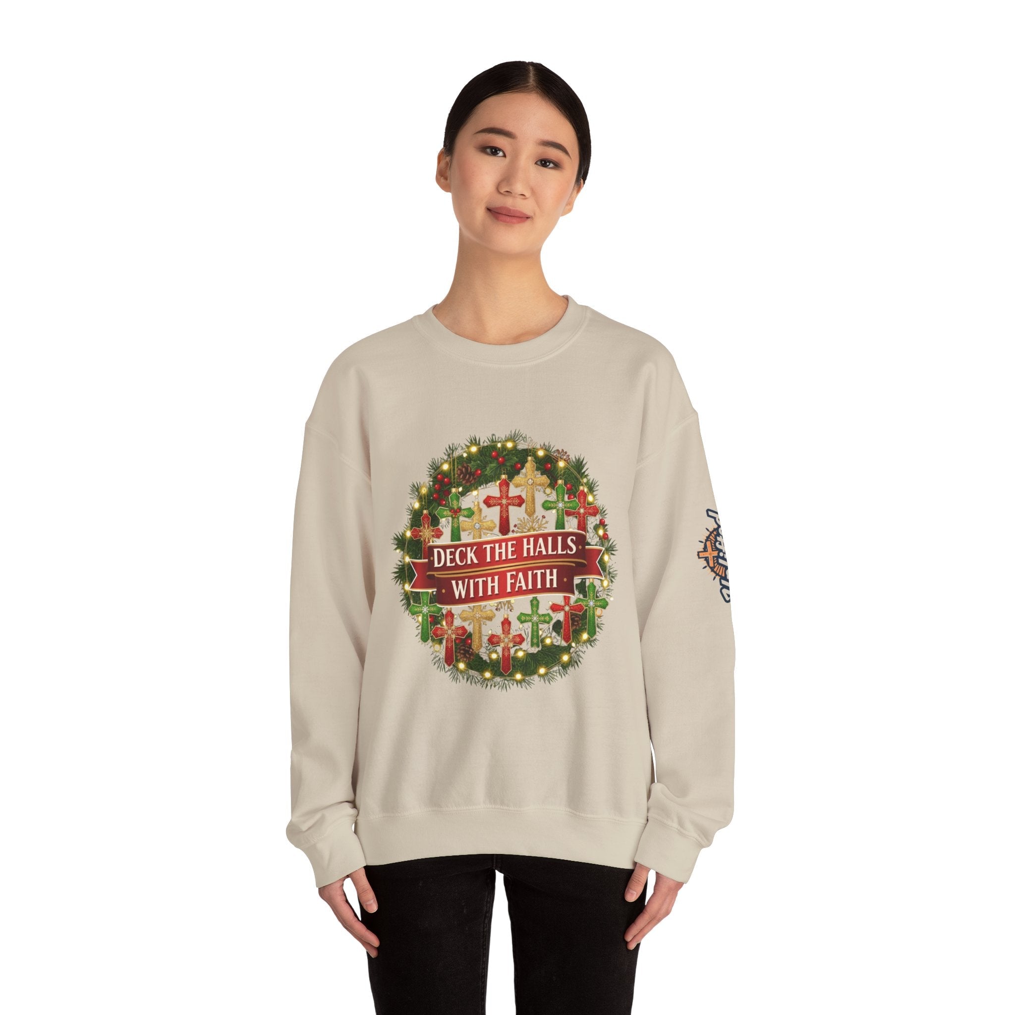 🎄 Deck the Halls with Faith – Christian Christmas Sweatshirt | Cross Ornament Design & Festive Garland | Bold Holiday Faith Tee by Uplifted Gear Printify