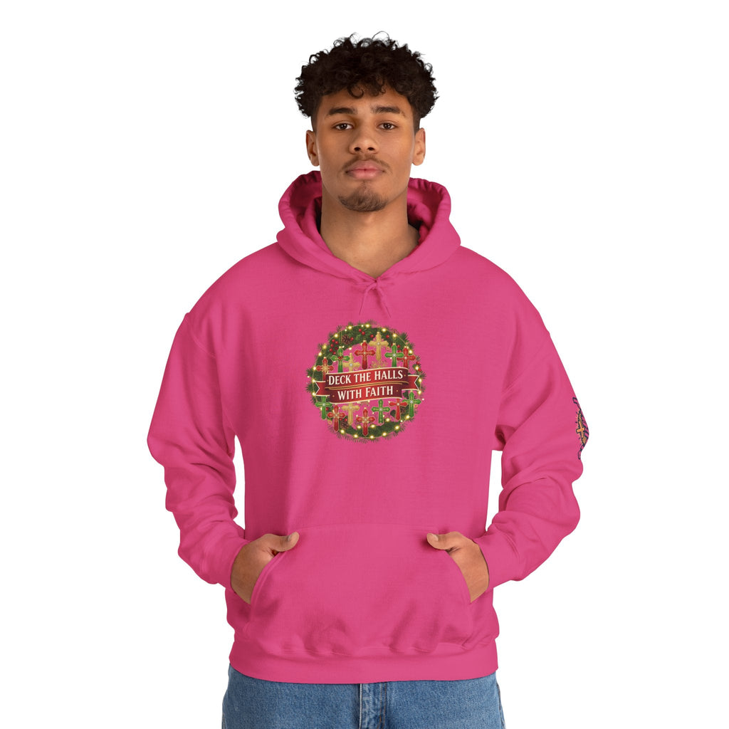 🎄 Deck the Halls with Faith – Christian Christmas Hoodie | Cross Ornament Design & Festive Garland | Bold Holiday Faith Tee by Uplifted Gear Printify