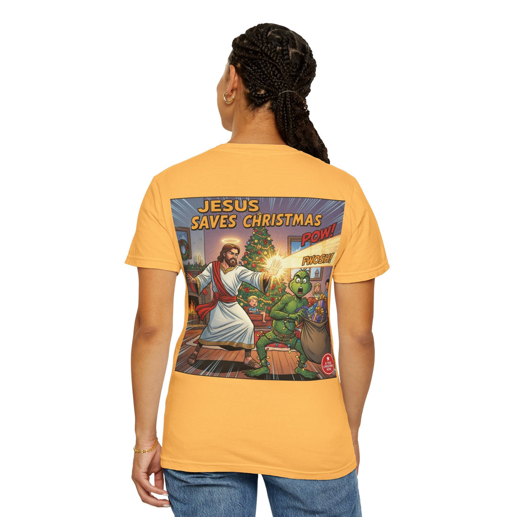 Jesus Saves Christmas T-shirt – Grinch vs Savior Light Battle Christian T-shirt for Hilarious Holiday Faith & True Joy Printify