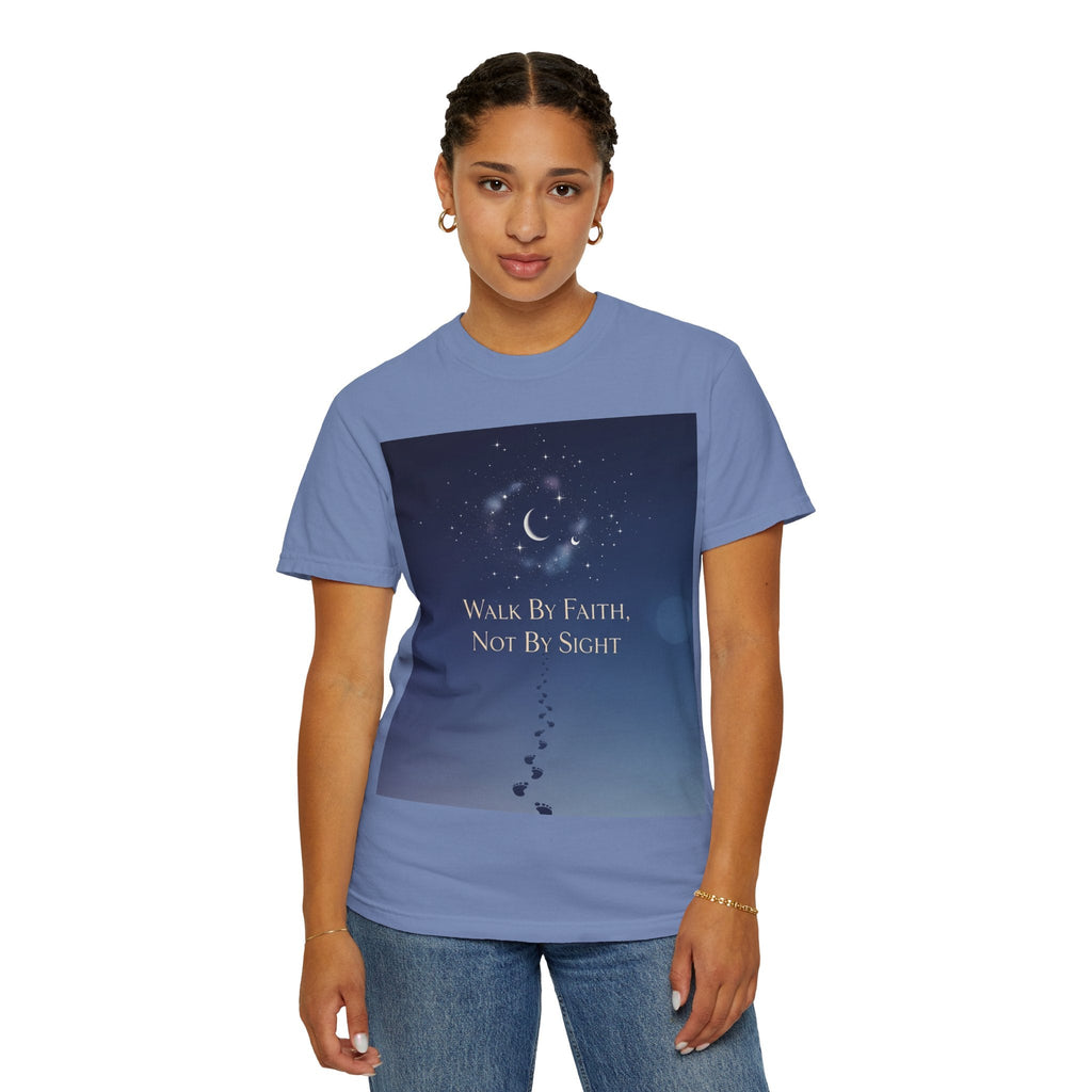 Walk by Faith, Not by Sight T-Shirt – Footprints in the Sand Christian Moonlit Tee Printify