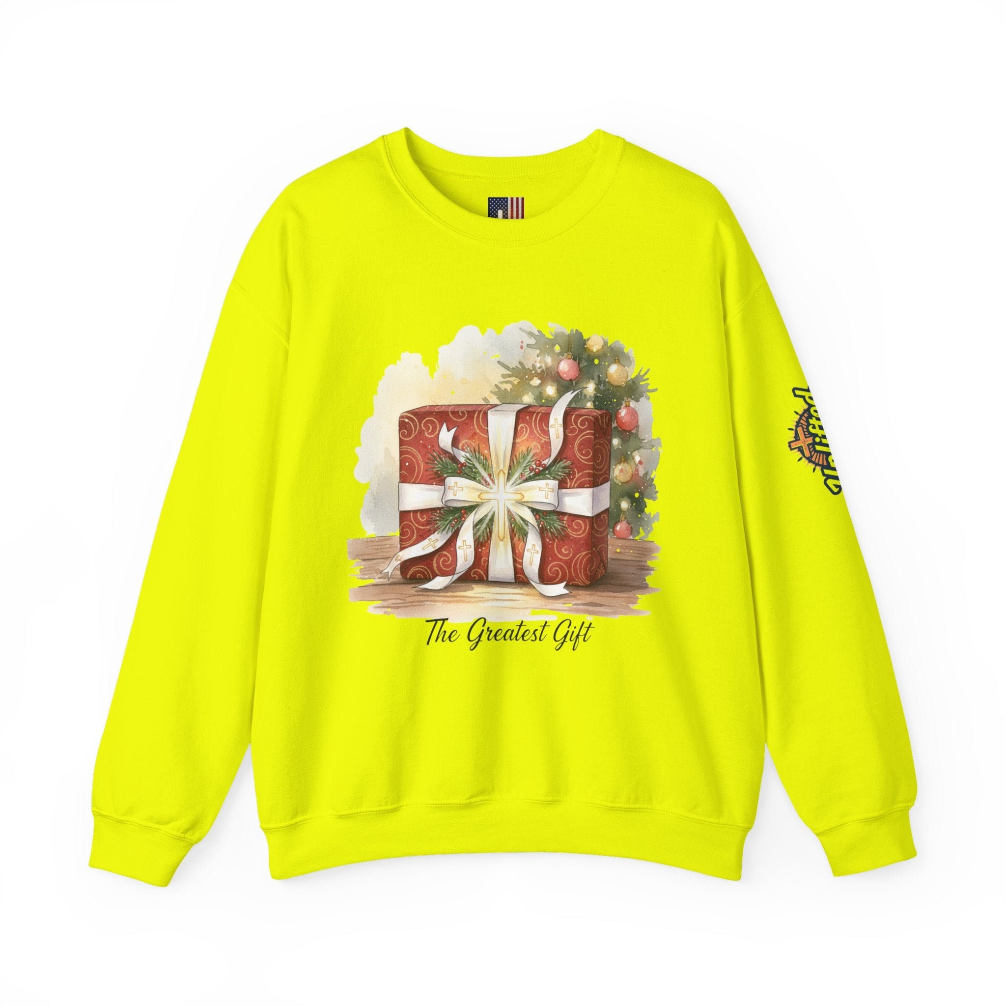 The Greatest Gift Sweatshirt – Cross Bow Present Christian Sweatshirt for Christmas Salvation & Eternal Faith Printify