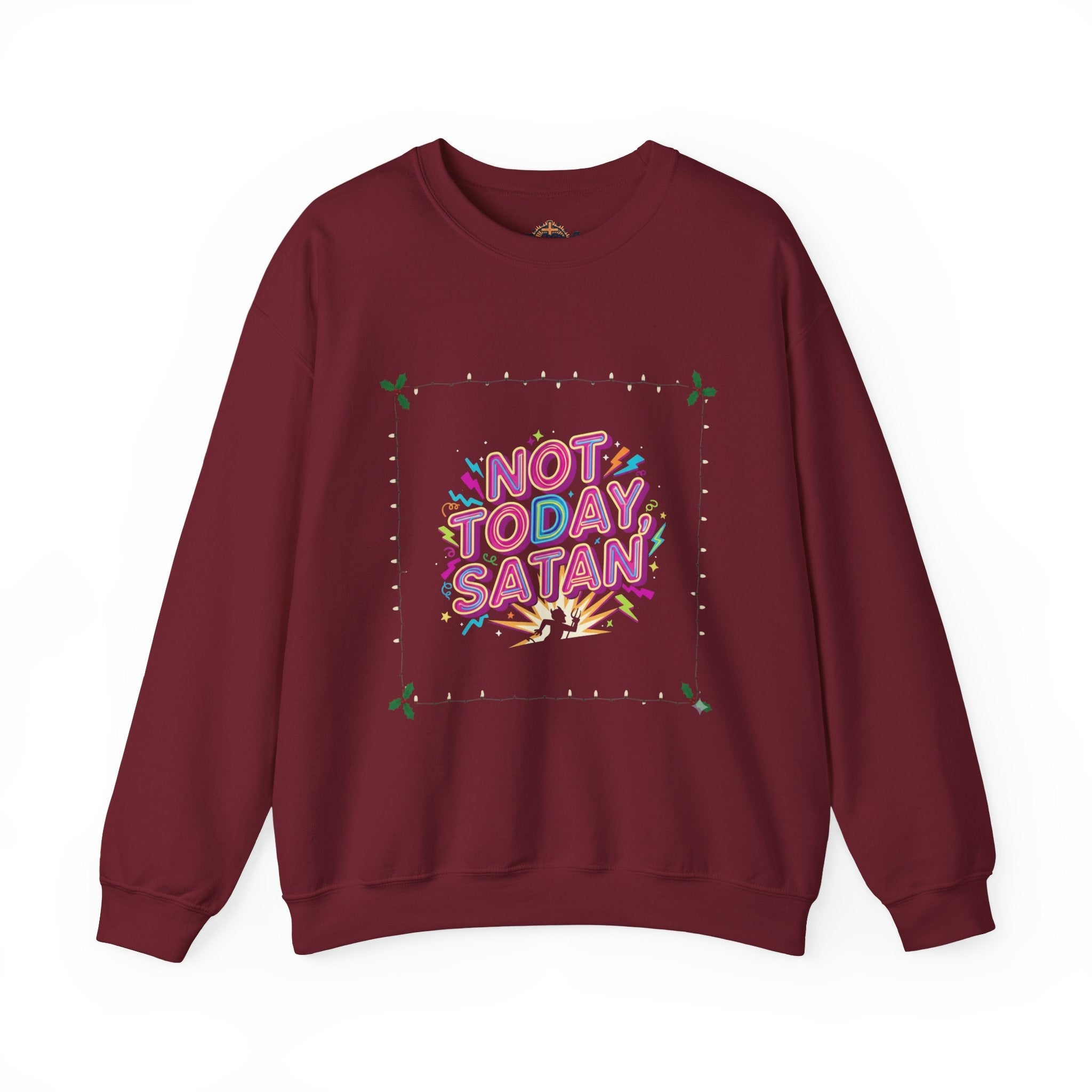 🔥 Not Today, Satan – Retro 90s Christian Sweatshirt | Neon Faith Tee | Funky Cartoon Devil | Bold Bible Verse Shirt | Uplifted Gear Printify