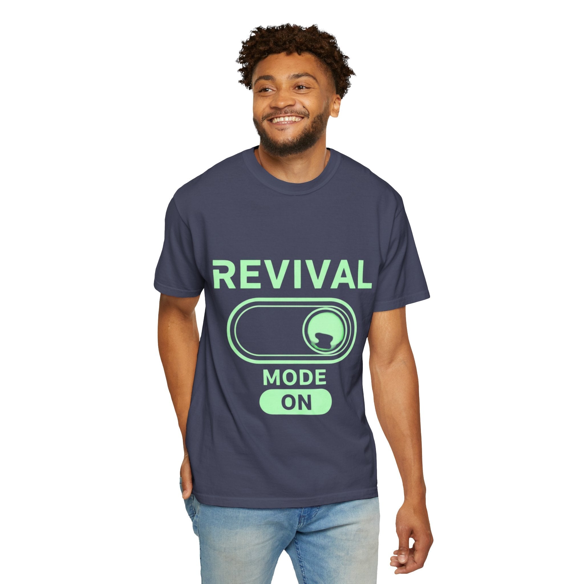 🔥 Revival Mode: ON – Christian Techwear T-Shirt | Glowing Green Faith Switch | Futuristic Jesus Shirt | Activate Your Spiritual Awakening | Uplifted Gear Printify