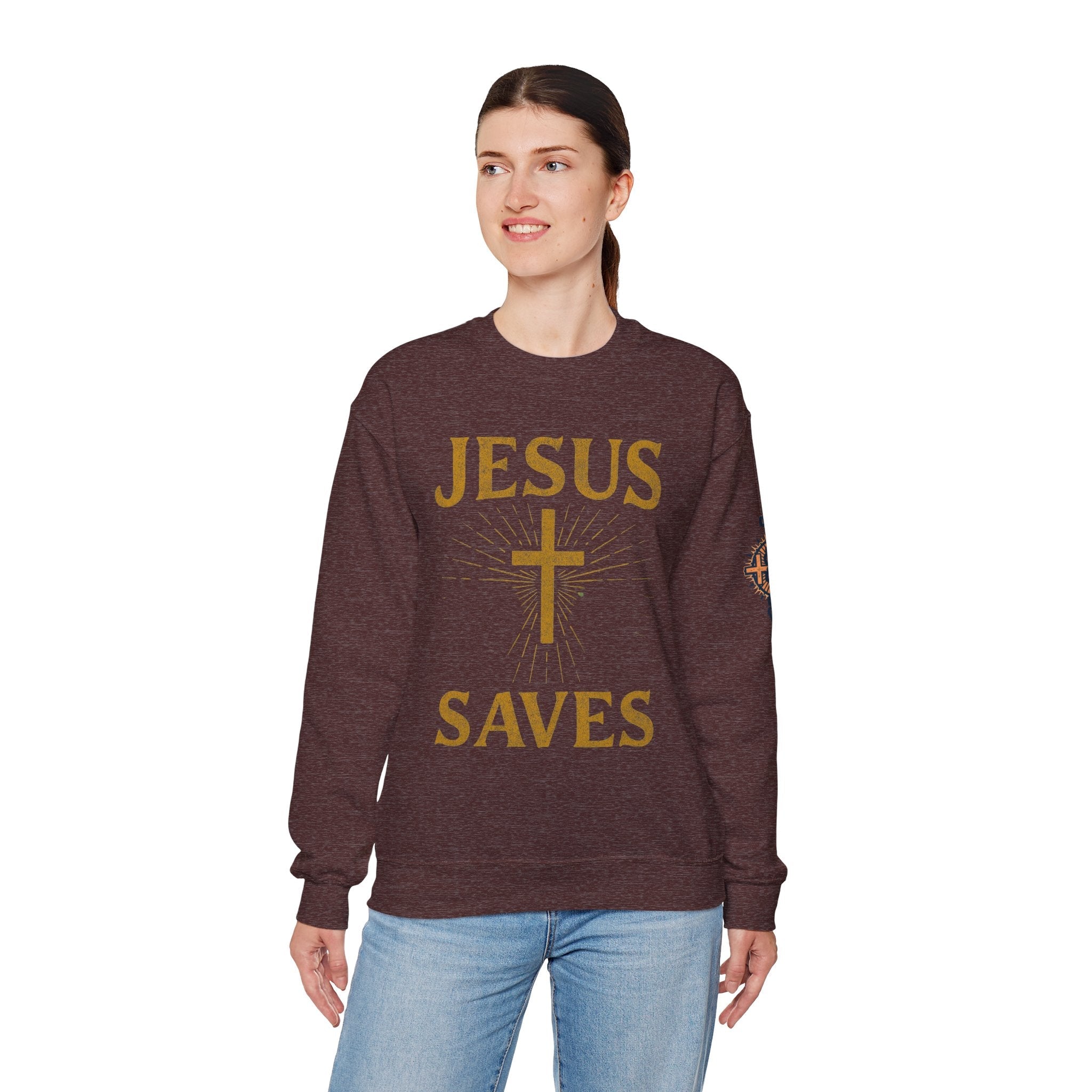 Jesus Saves Sweatshirt – Radiant Cross & Rays of Light Christian Sweatshirt for Eternal Hope & Faith Printify