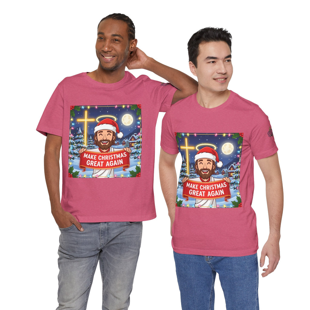 🎄 Make Christmas Great Again – Funny Christian T-Shirt | Jesus Holding Banner | Faith-Based Holiday Parody Tee | Uplifted Gear Printify