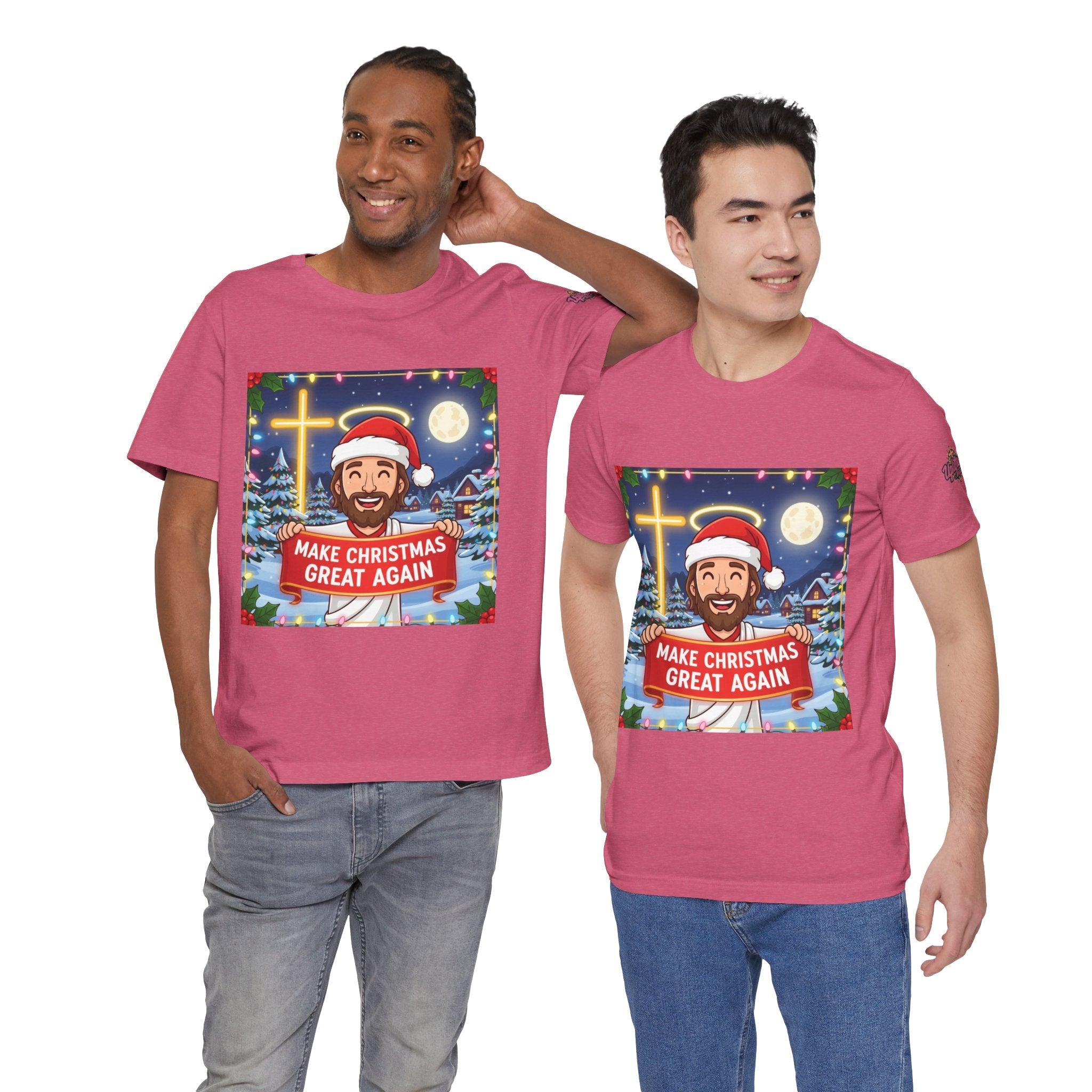 🎄 Make Christmas Great Again – Funny Christian T-Shirt | Jesus Holding Banner | Faith-Based Holiday Parody Tee | Uplifted Gear Printify