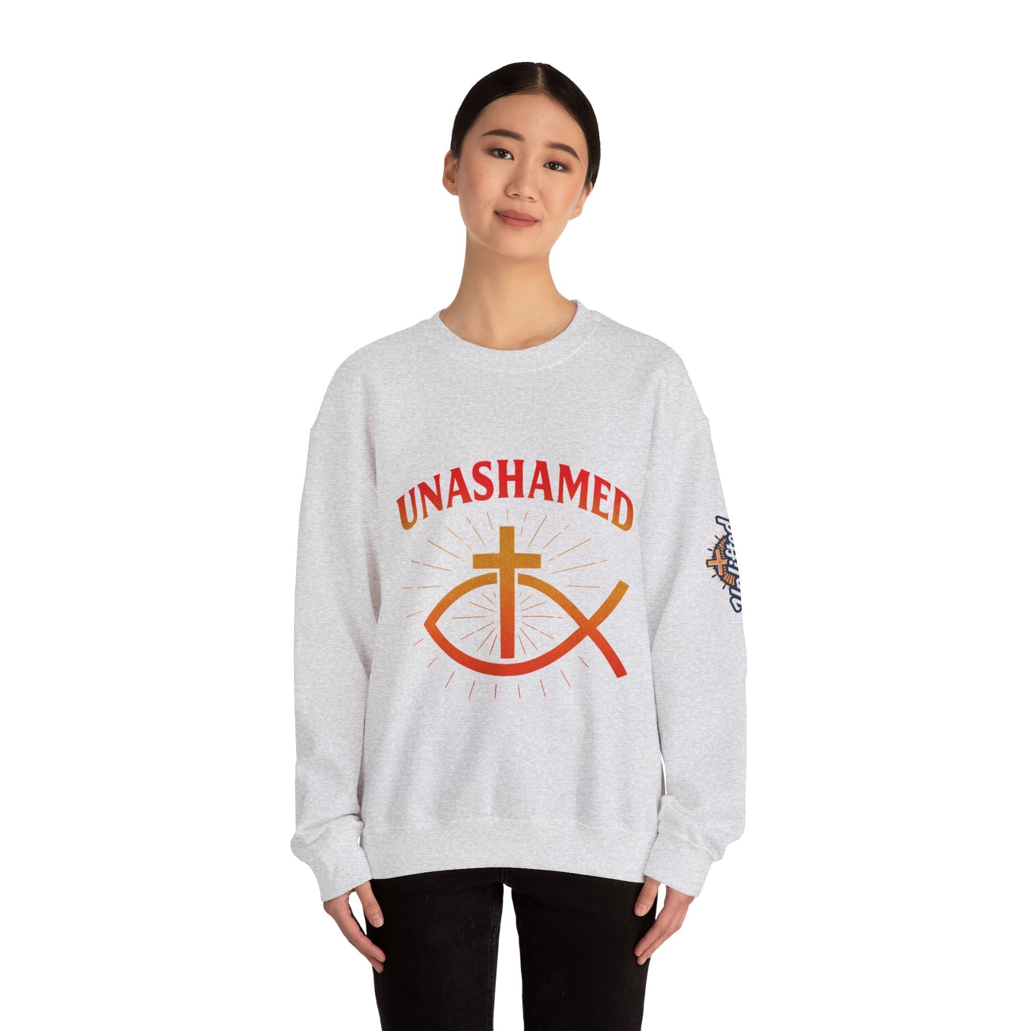 Unashamed Sweatshirt – Ichthys Jesus Fish & Cross Christian Sweatshirt for Romans 1:16 Bold Faith Printify