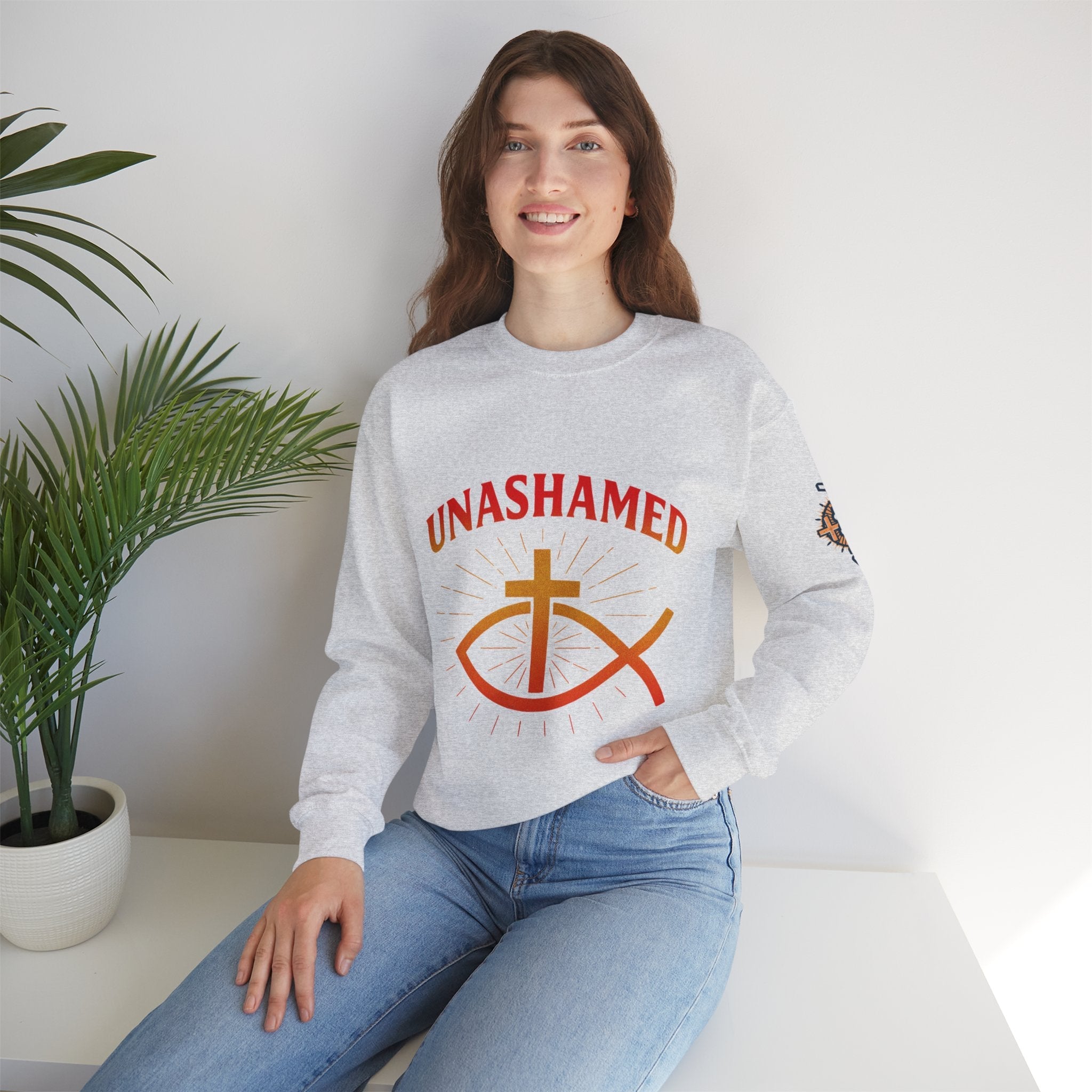 Unashamed Sweatshirt – Ichthys Jesus Fish & Cross Christian Sweatshirt for Romans 1:16 Bold Faith Printify