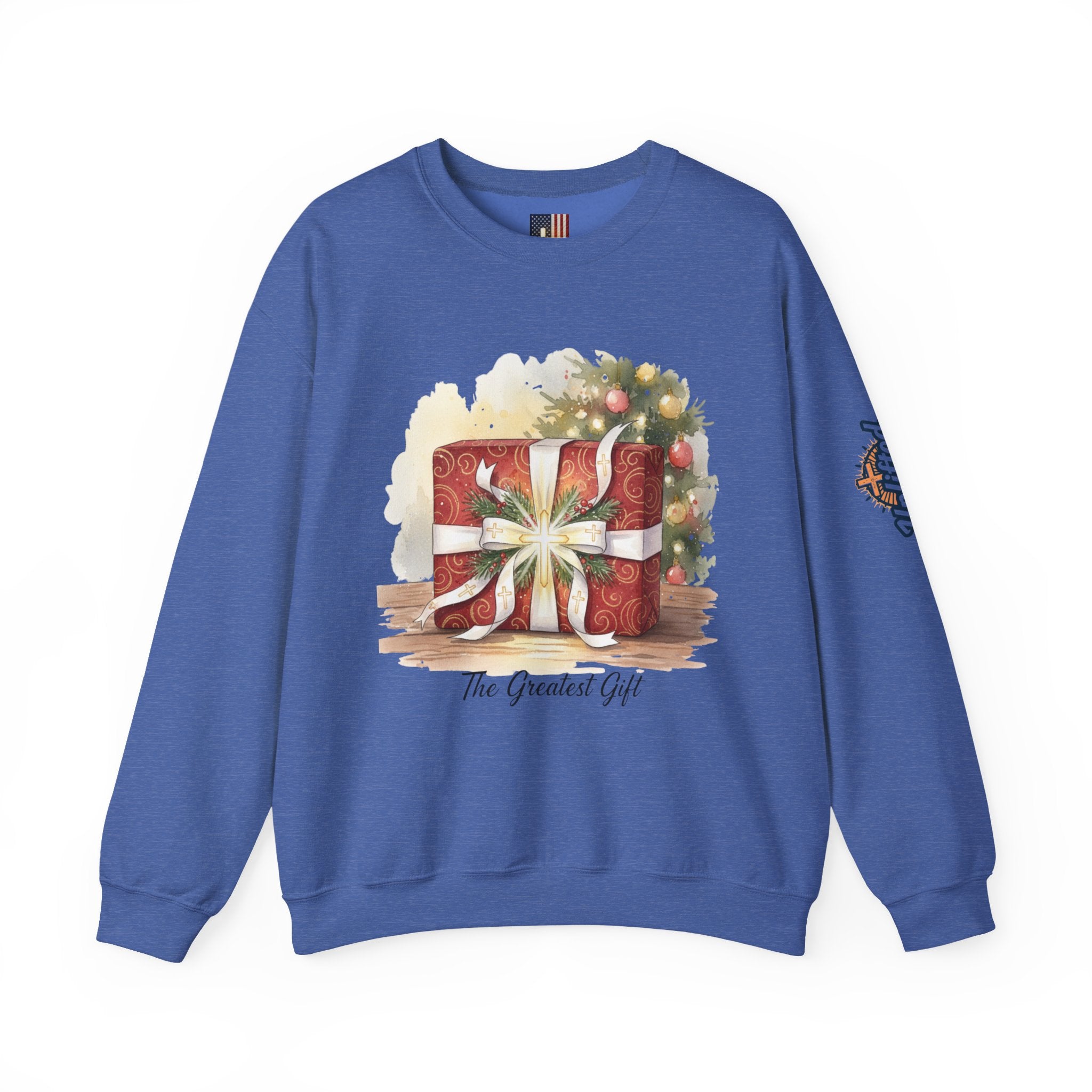 The Greatest Gift Sweatshirt – Cross Bow Present Christian Sweatshirt for Christmas Salvation & Eternal Faith Printify