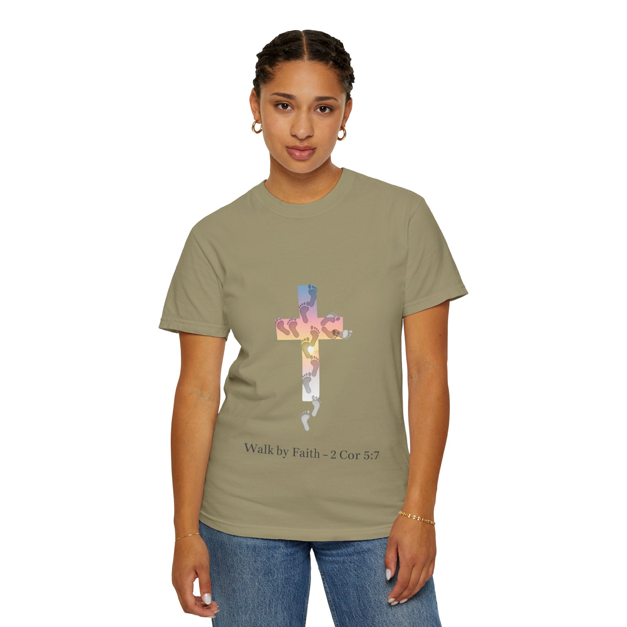 Walk by Faith T-Shirt – Cross & Footprints Christian Tee for Bold Believers Printify