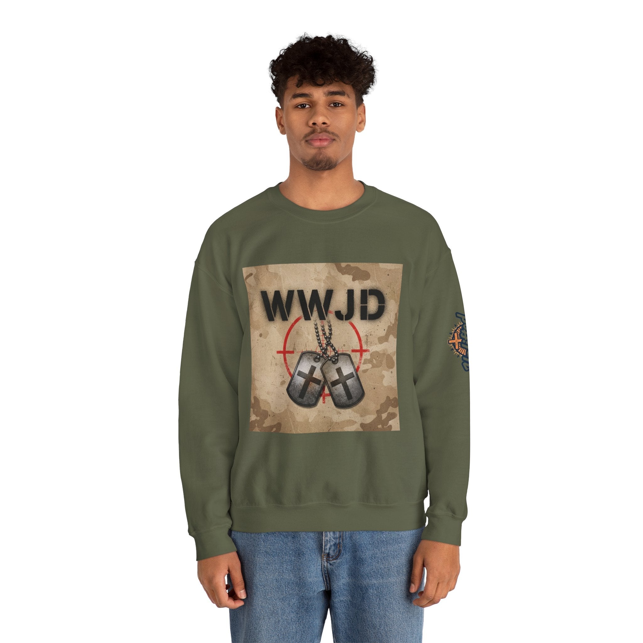 WWJD Sweatshirt – Military Dog Tags What Would Jesus Do Camo Christian Sweatshirt for Bold Faith & Streetwear Printify