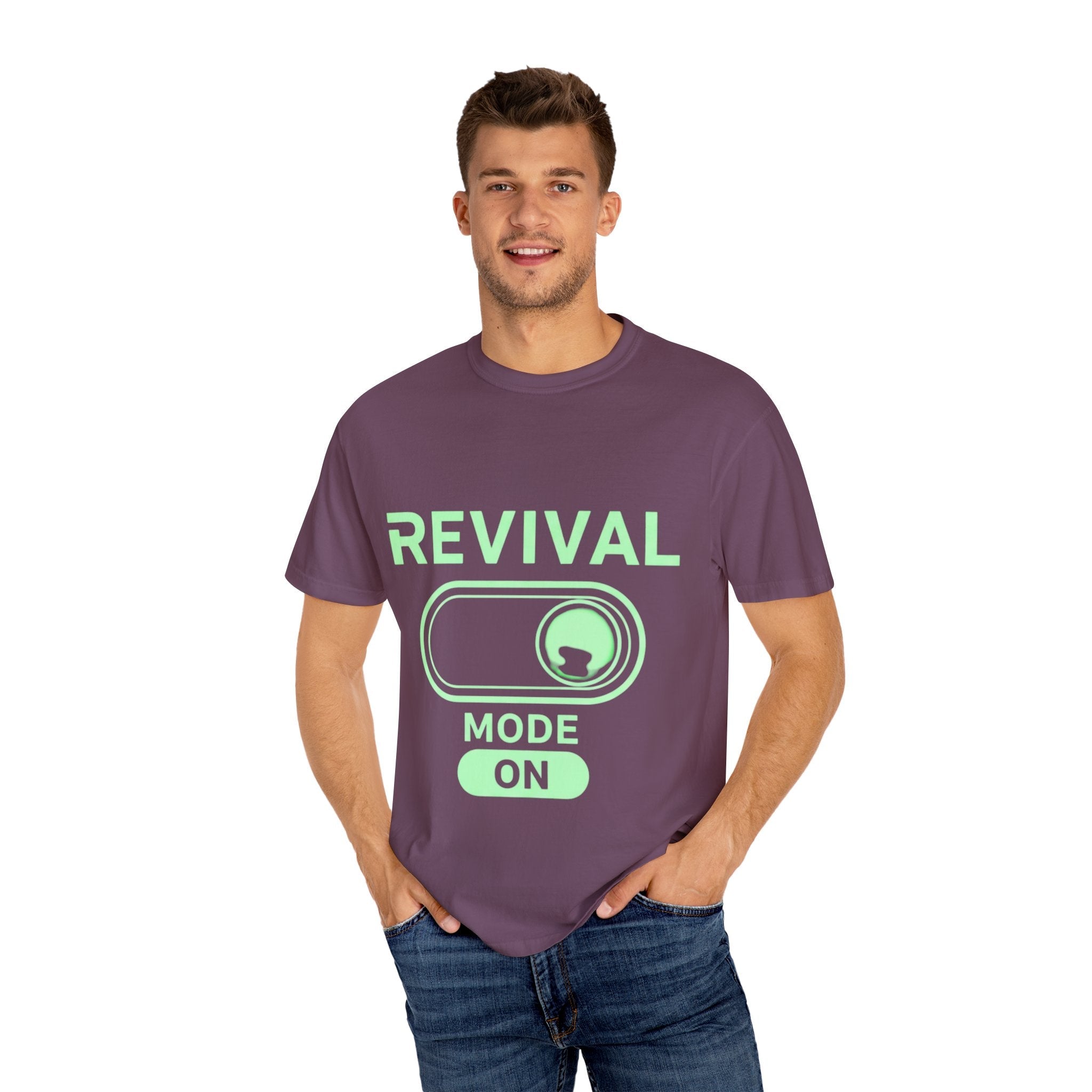 🔥 Revival Mode: ON – Christian Techwear T-Shirt | Glowing Green Faith Switch | Futuristic Jesus Shirt | Activate Your Spiritual Awakening | Uplifted Gear Printify