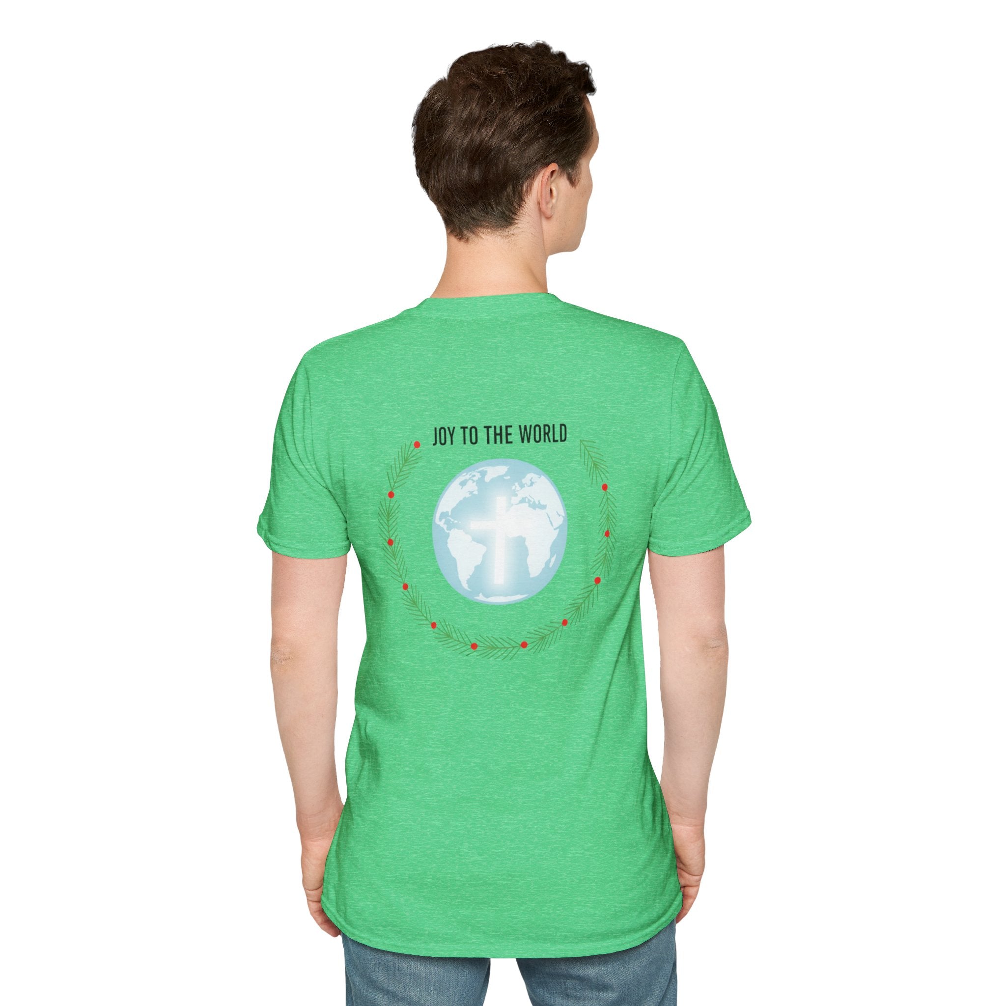 Joy to the World T-shirt – Wreath Earth Nativity Christian Christmas T-shirt for Isaiah 9:6 Holiday Faith & Festive Joy Printify